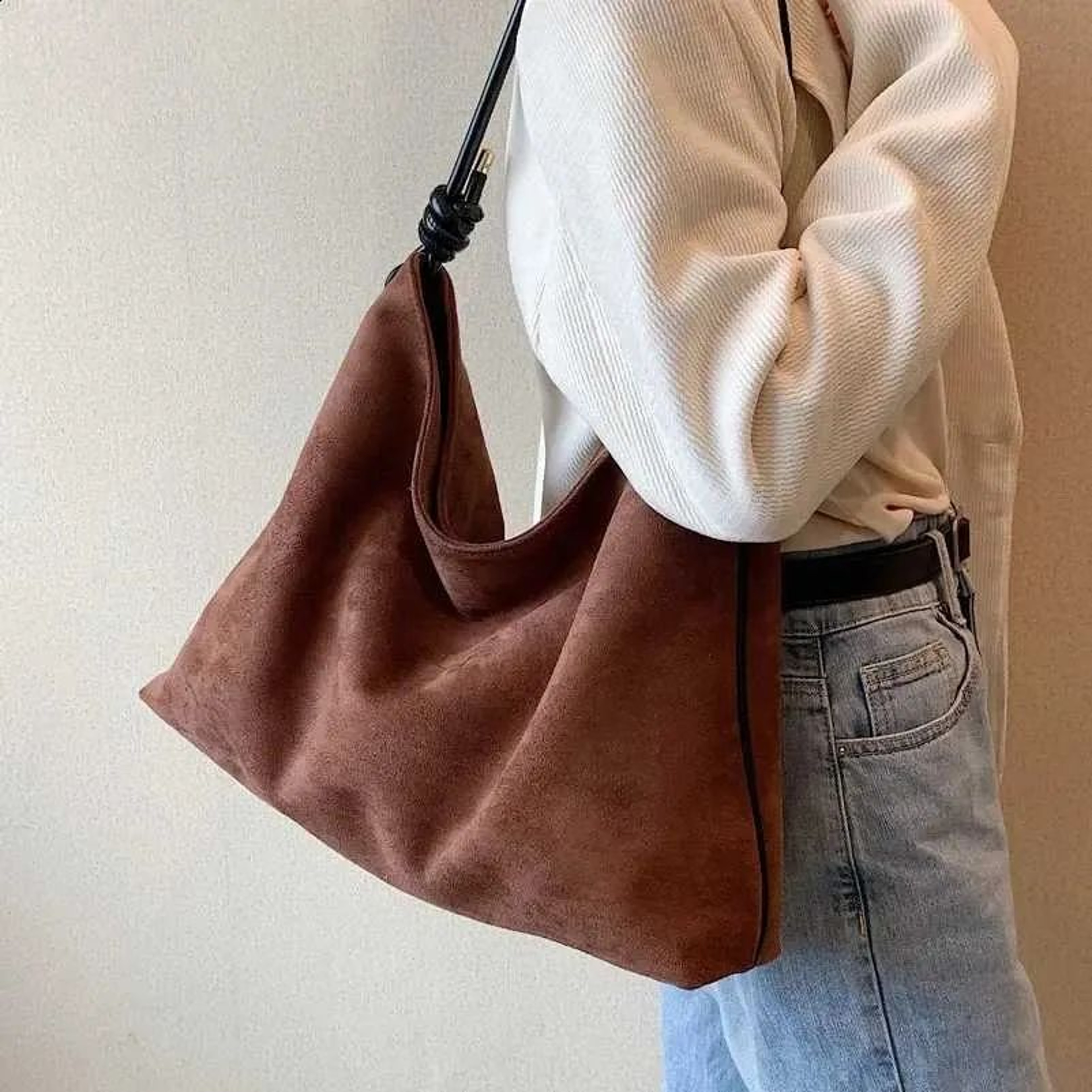 Vintage Faux Suede Hobo Shoulder Bag For Women Large Capacity Tote Handbag 1