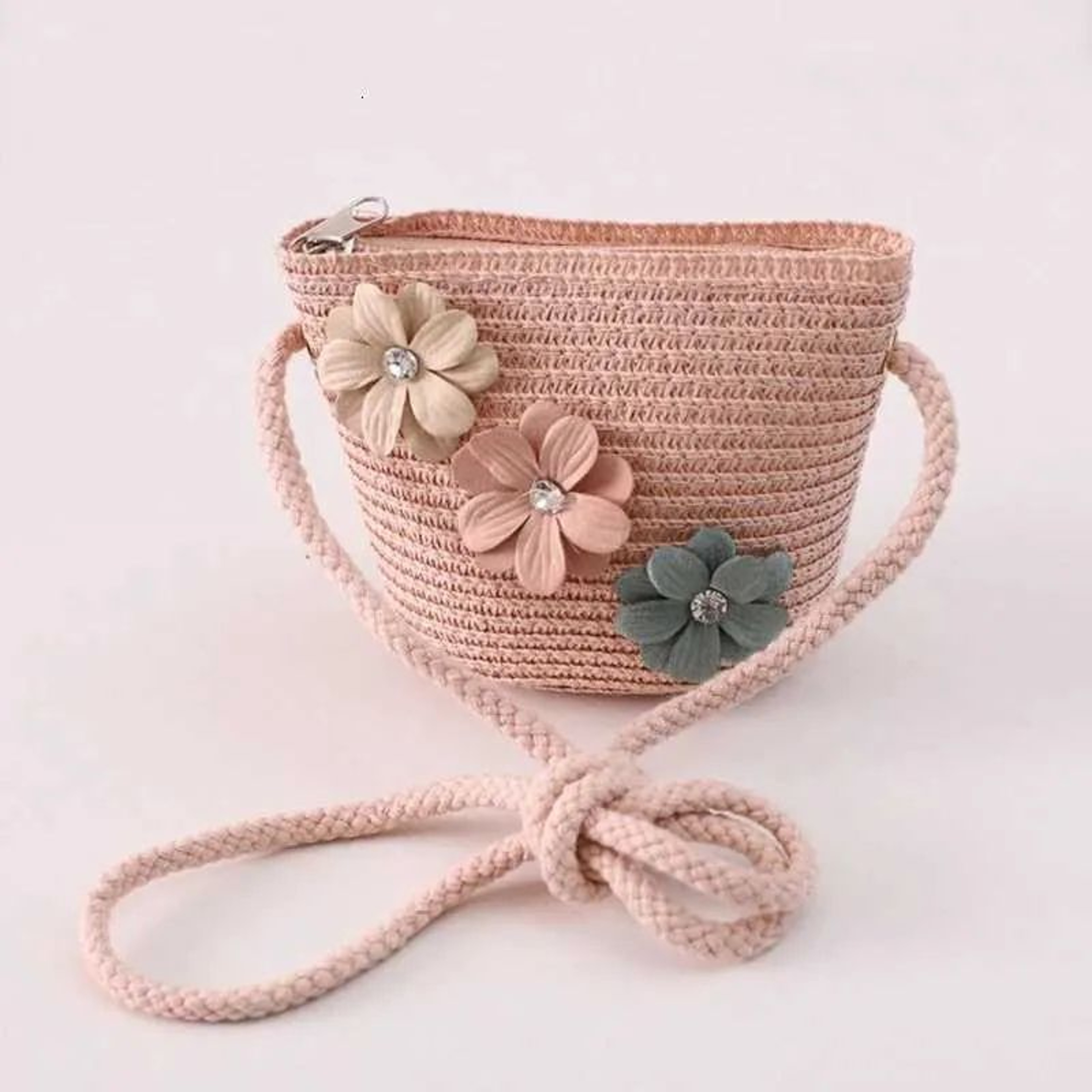 Kids Straw Woven Crossbody Bucket Bag With Floral Design For Beach And Summer Outings 0
