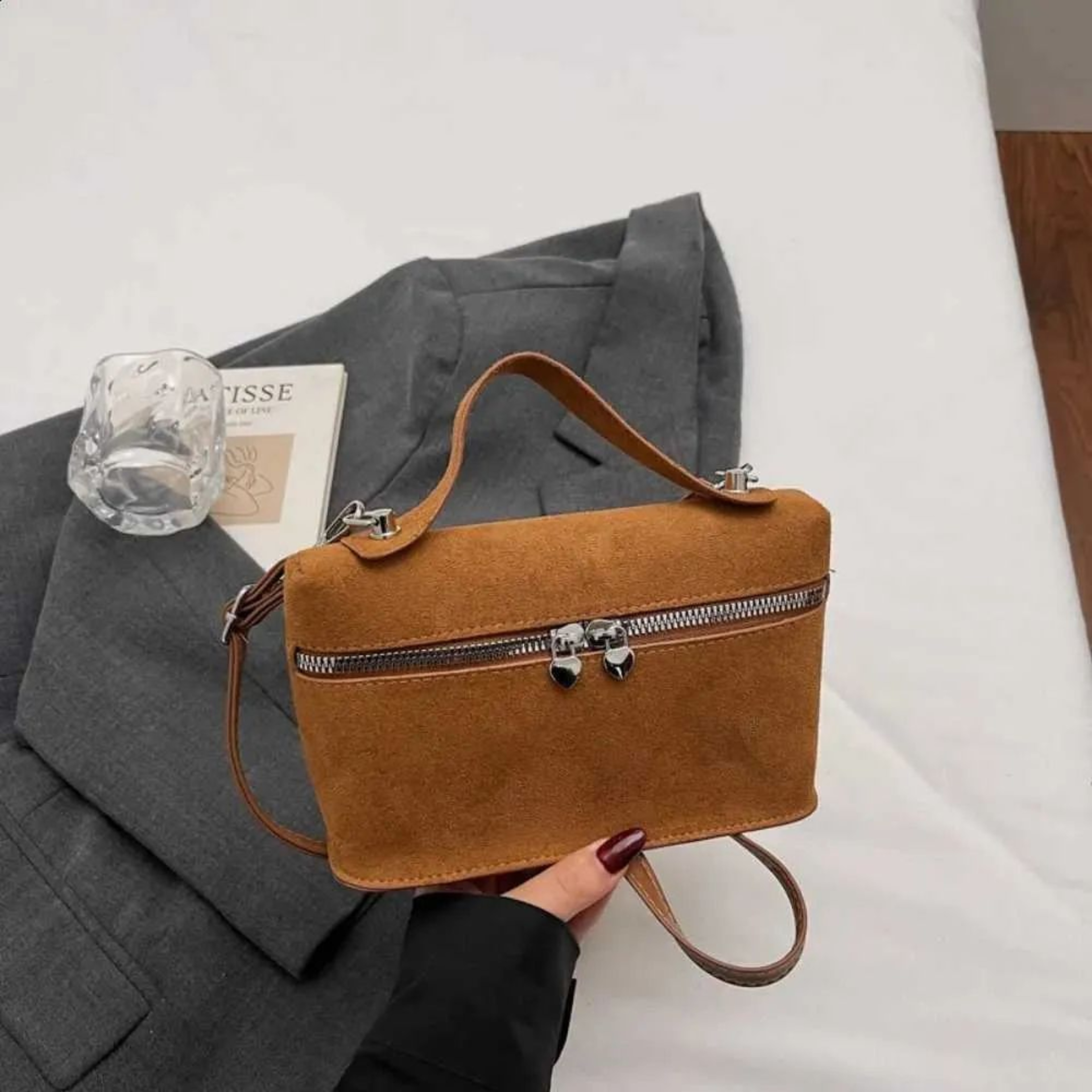 Retro Suede Crossbody Bag For Women With Box Design And Top Handle 2