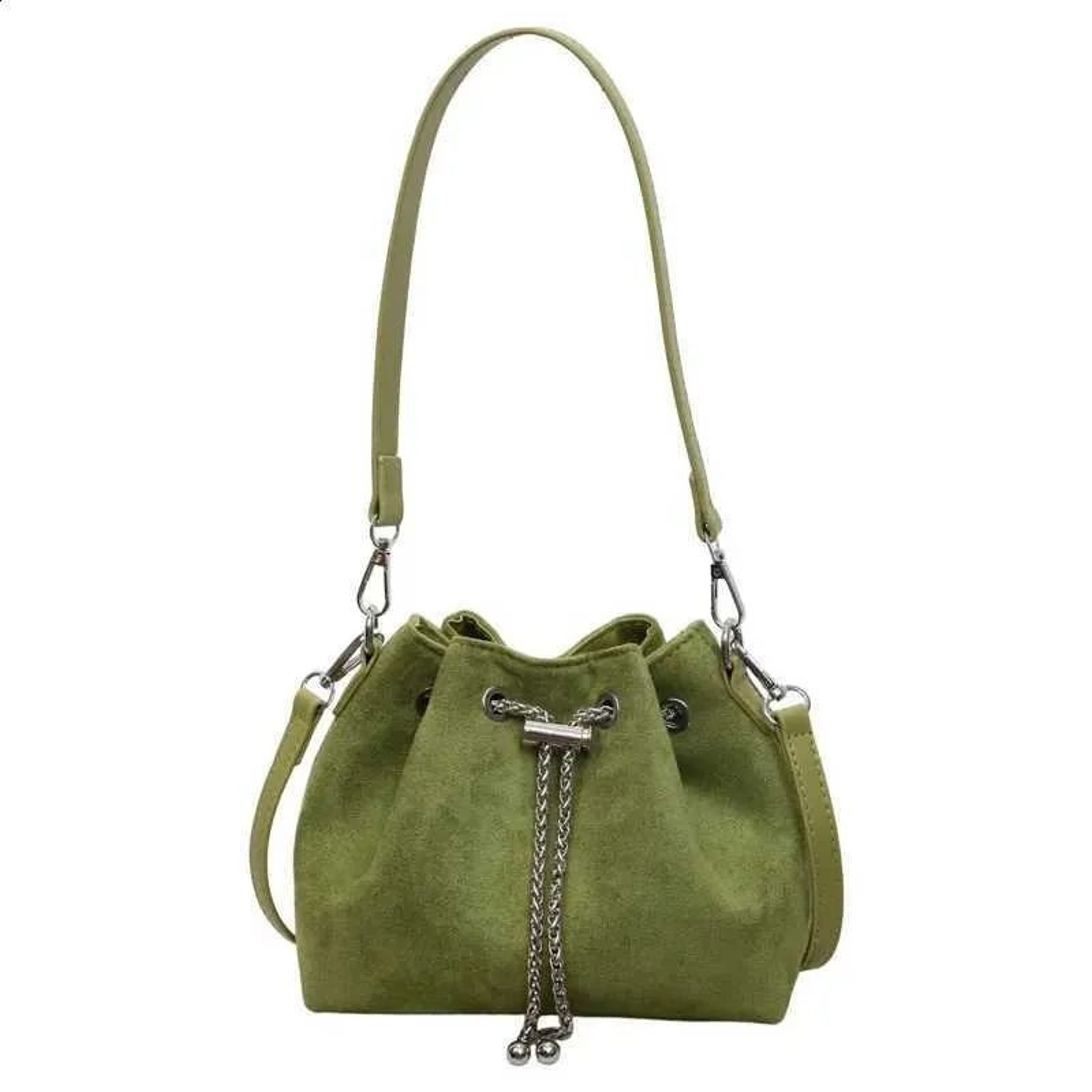Green Suede Bucket Crossbody Bag For Women With Chain Shoulder Strap 2