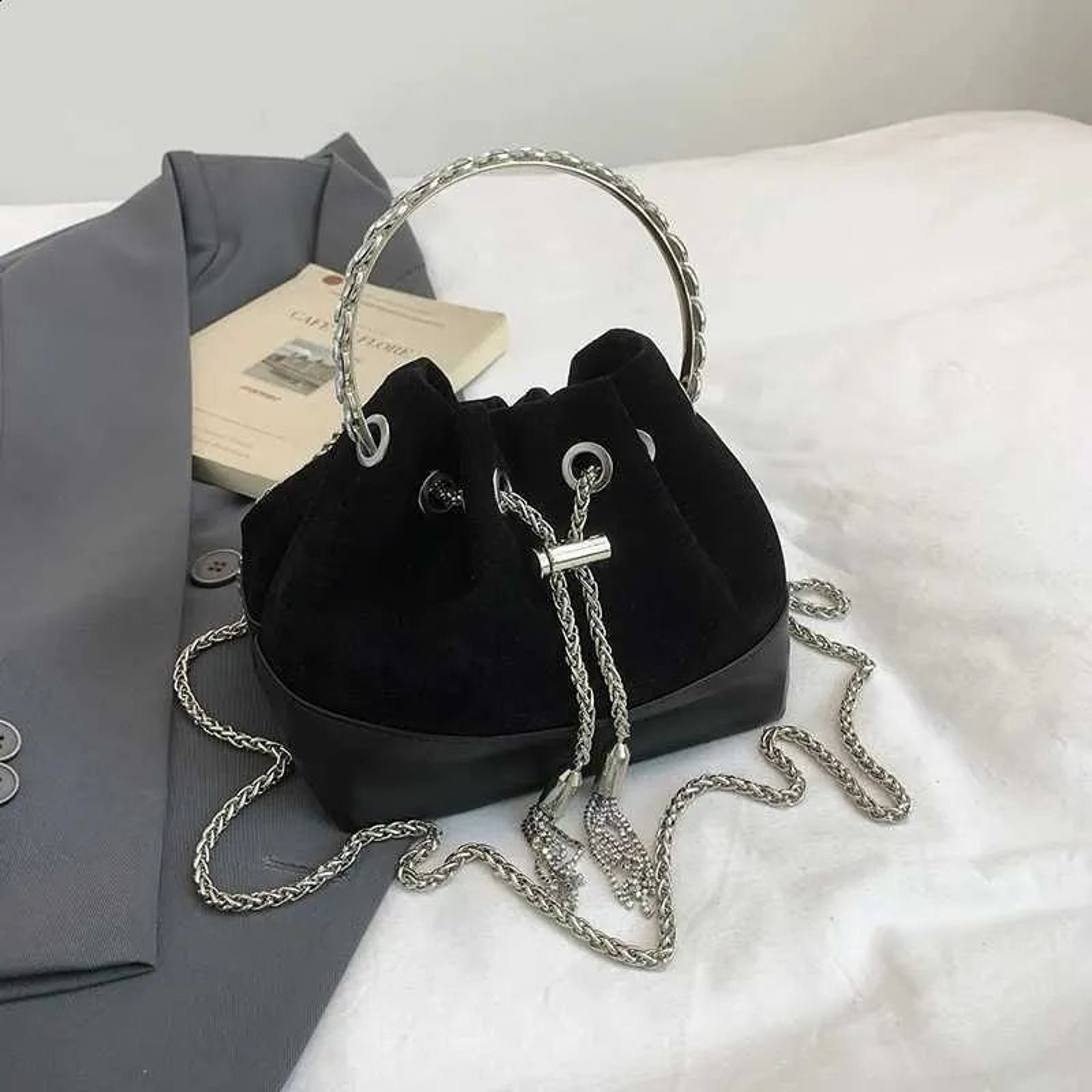 Vintage Suede Leather Bucket Bag With Chain Shoulder Strap For Women 1