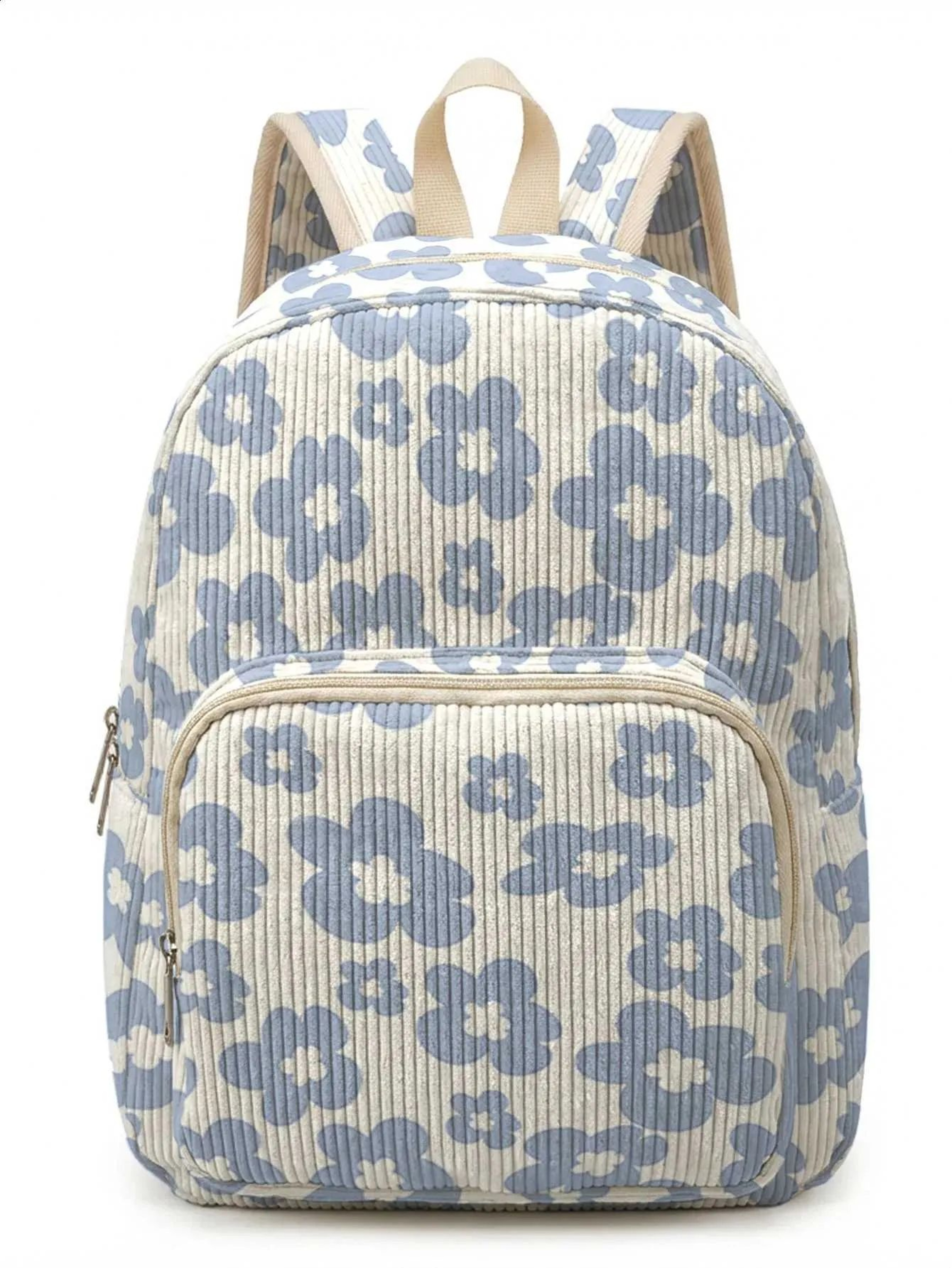 Floral Light Blue Corduroy Backpack For Women With Multiple Pockets 2