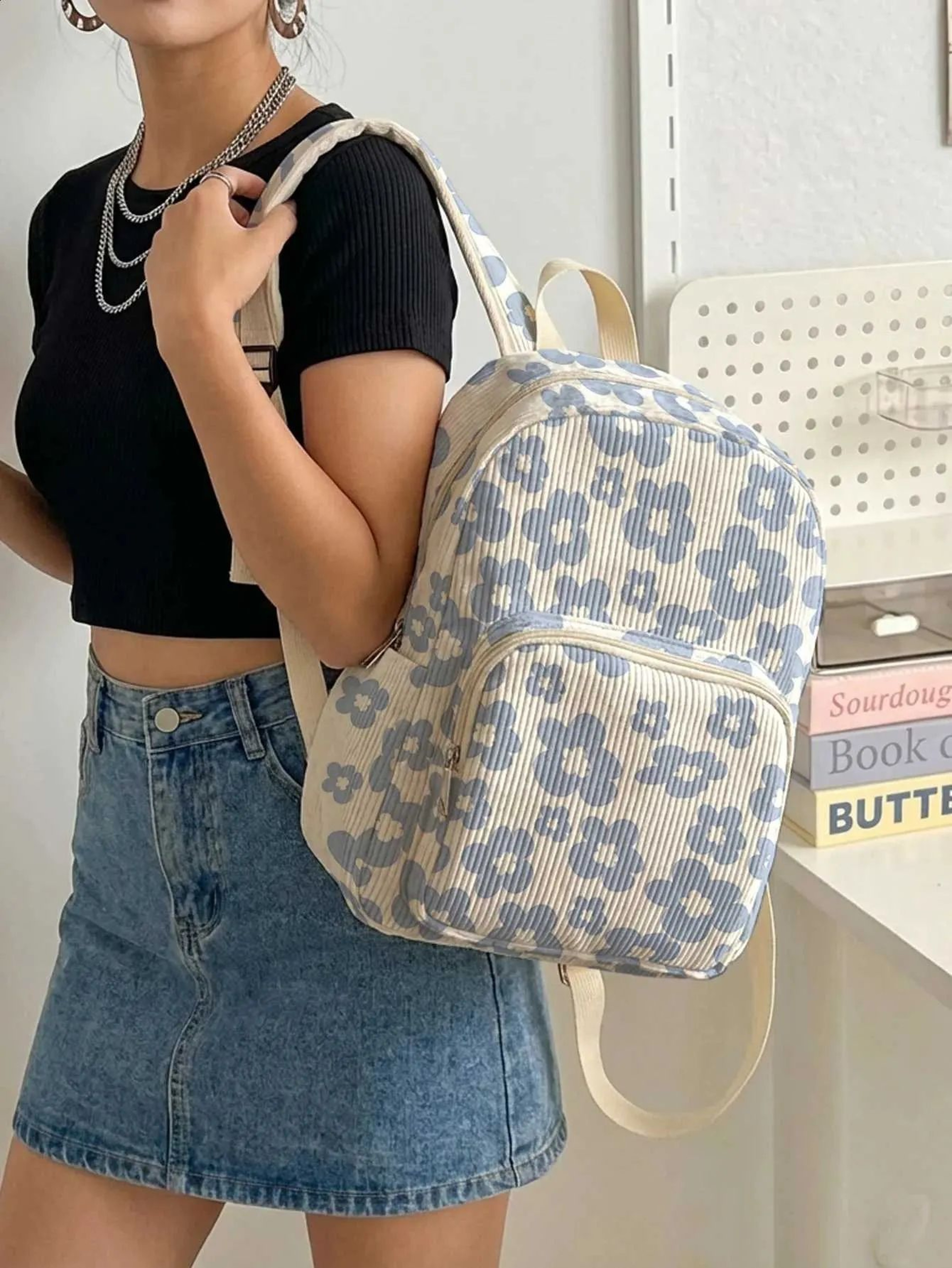 Floral Light Blue Corduroy Backpack For Women With Multiple Pockets 1