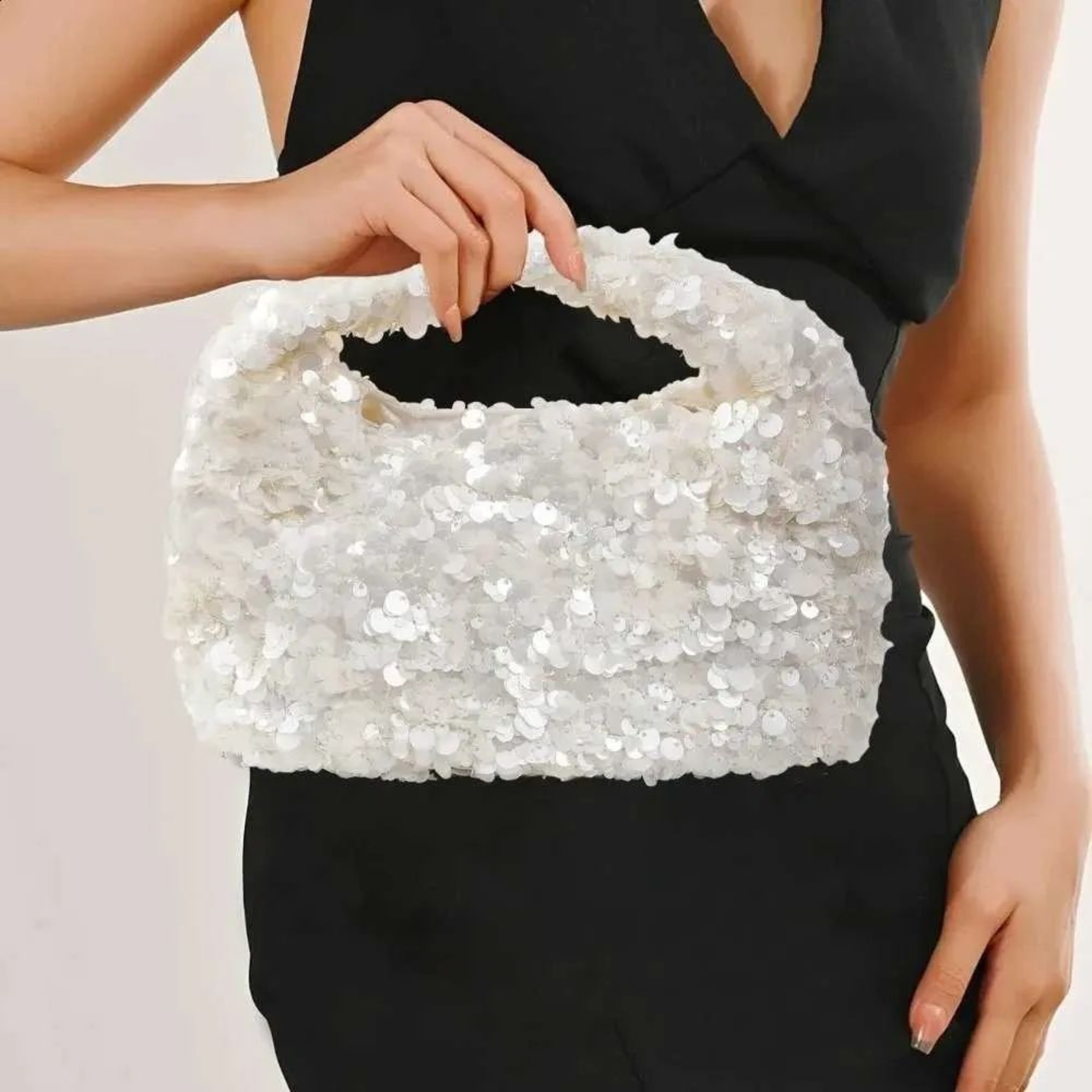 White Sequin Hobo Handbag Small Shiny Bucket Clutch For Weddings And Parties 1
