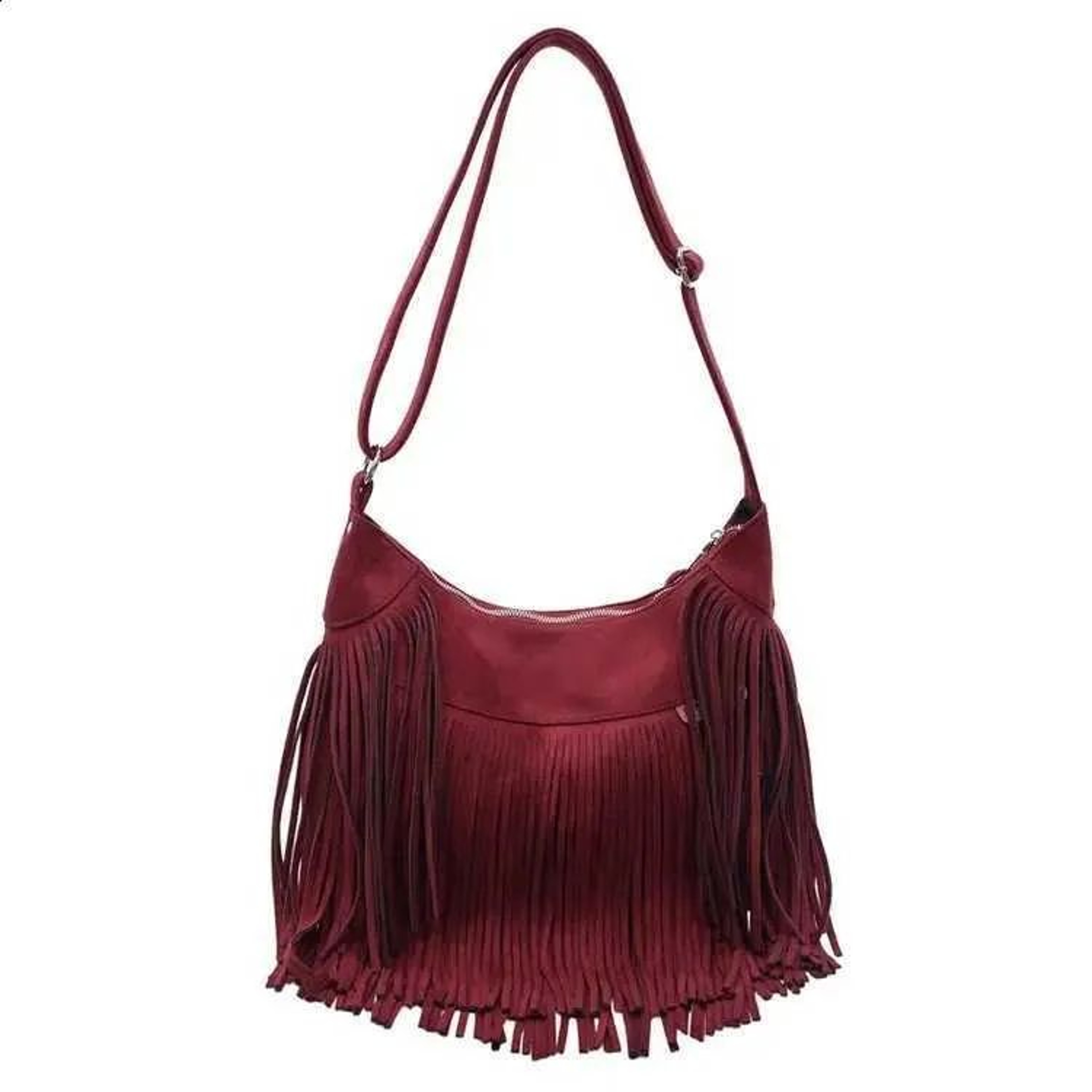 Womens Large Camel Suede Hobo Shoulder Bag With Long Fringe And Zipper Closure 0