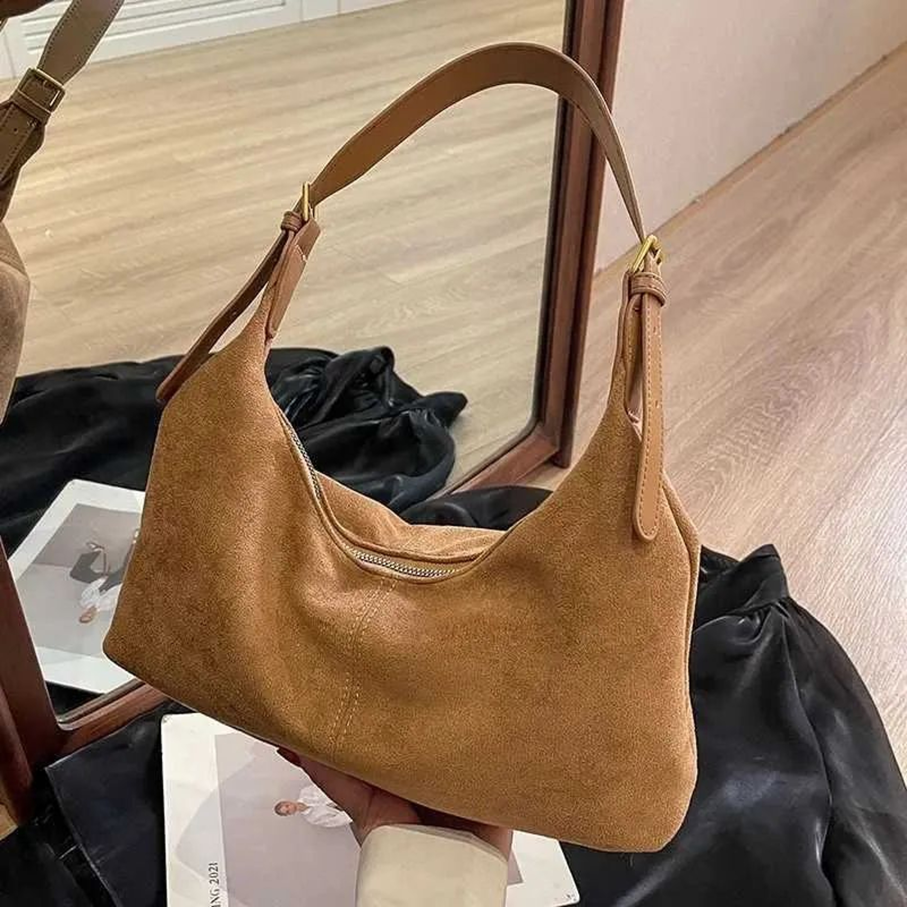 Women Velvet Crescent Hobo Shoulder Bag With Suede Strap 1