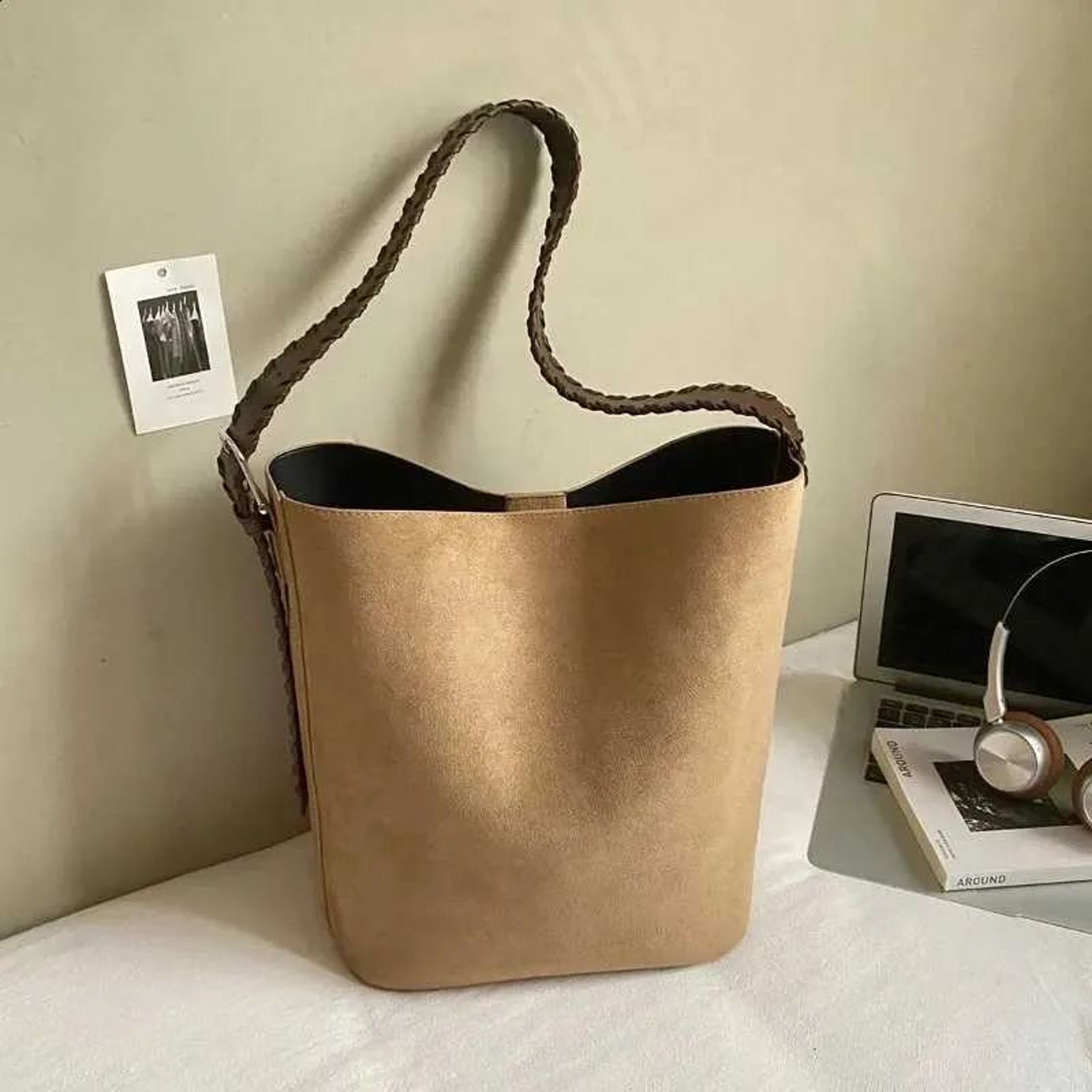 Womens Large Capacity PU Suede Bucket Tote Shoulder Bag 2