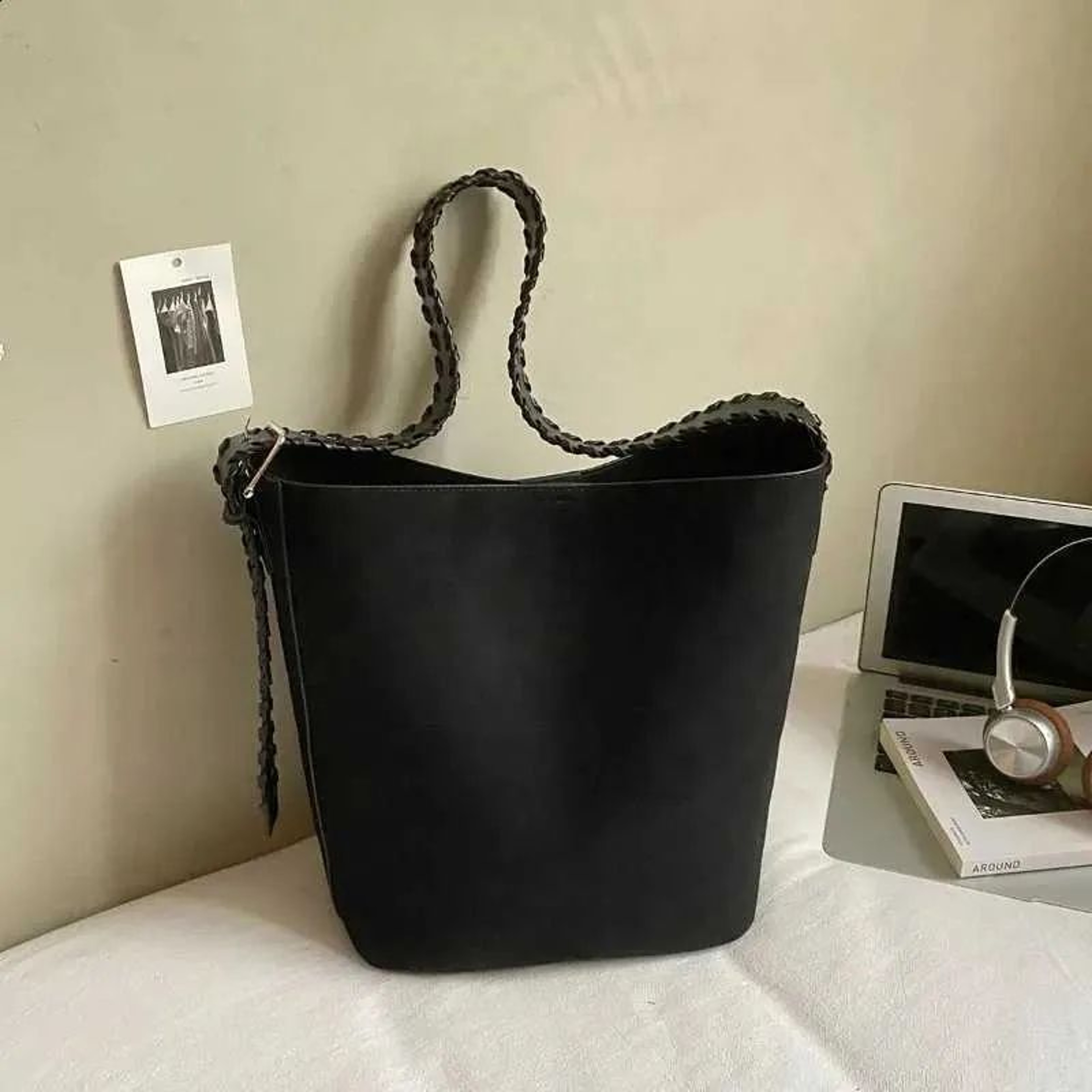 Womens Large Capacity PU Suede Bucket Tote Shoulder Bag 0
