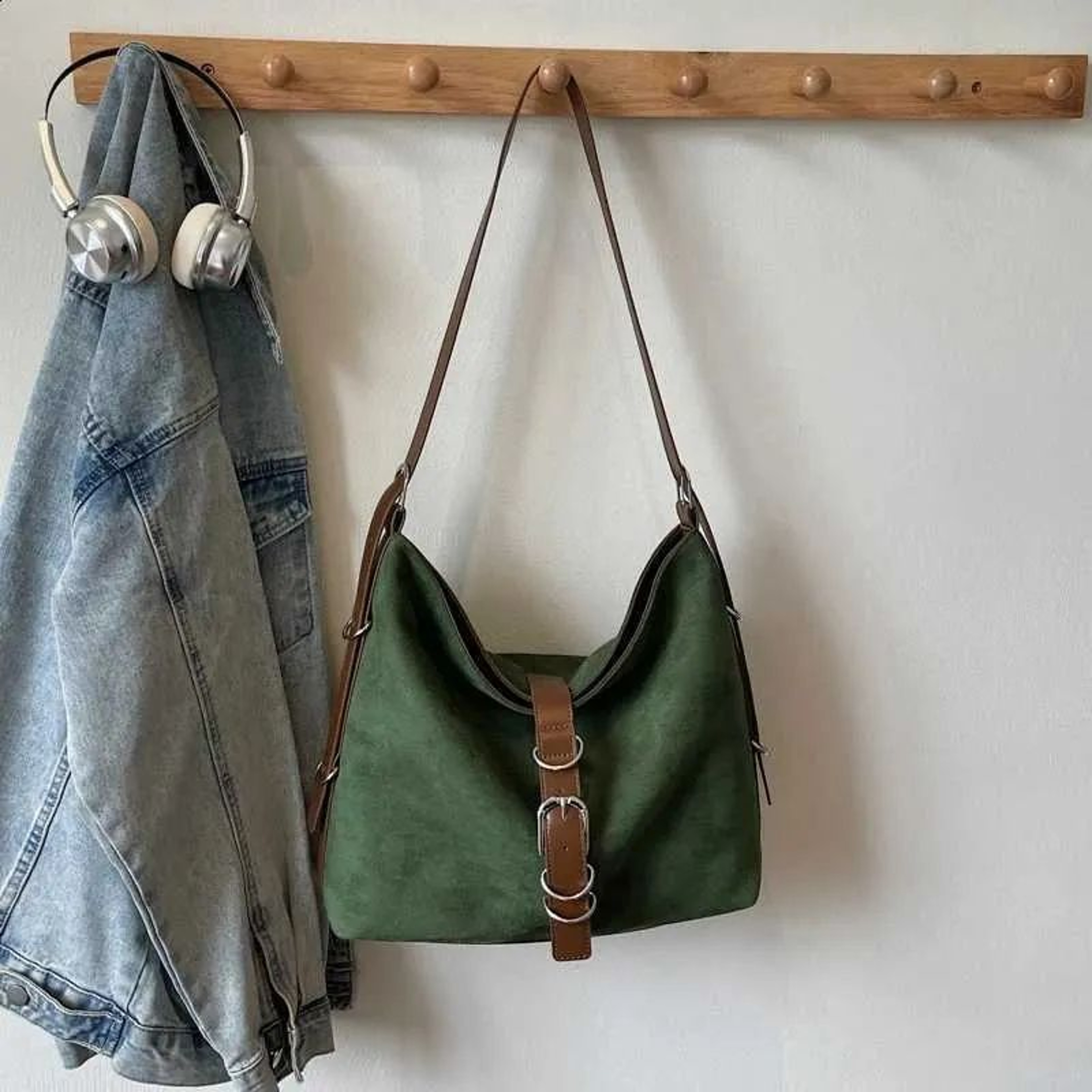 Large Khaki Suede Leather Bucket Shoulder Bag For Women 1