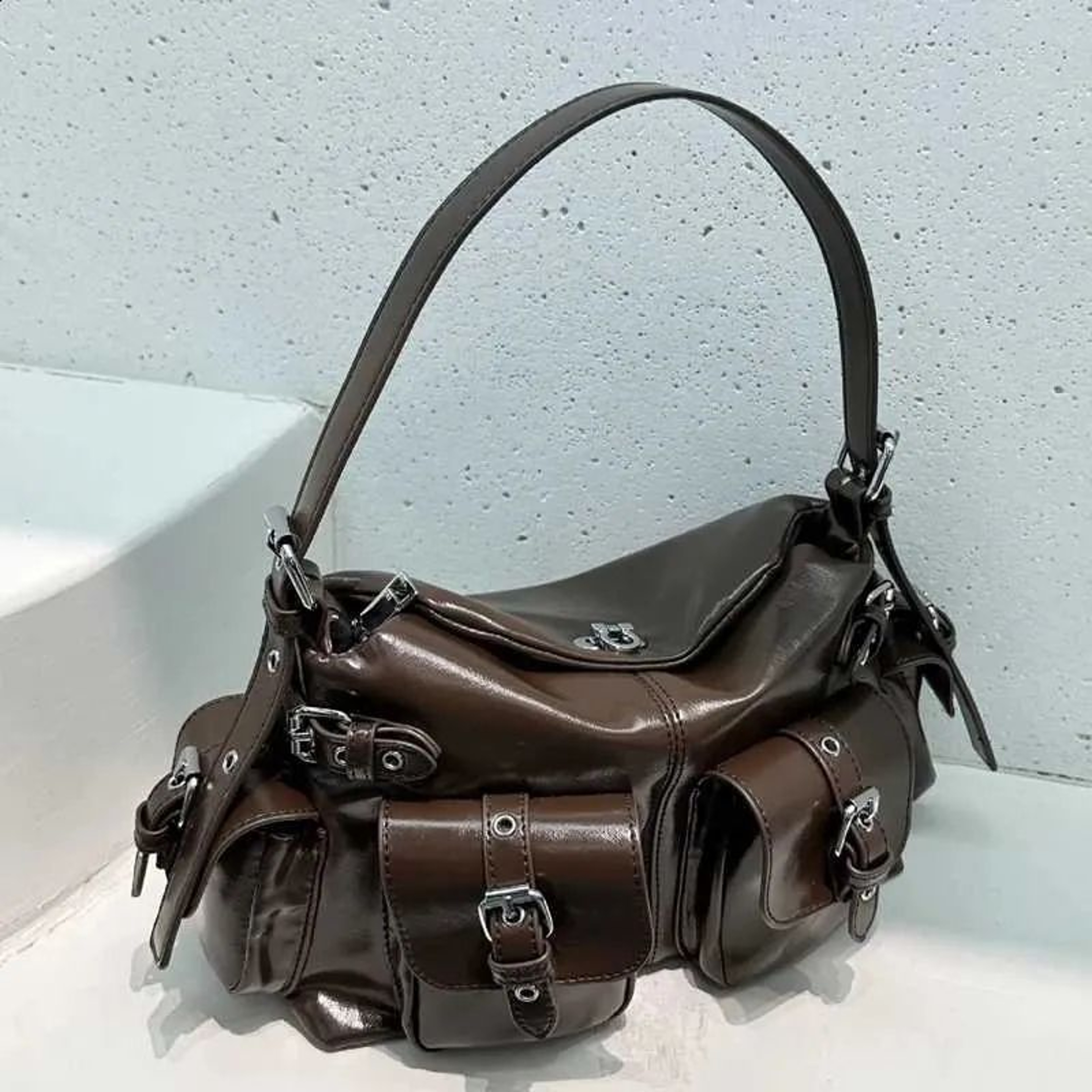 Womens Moto Biker Shoulder Bag With OilWaxed PU Leather And Multiple Pockets 4