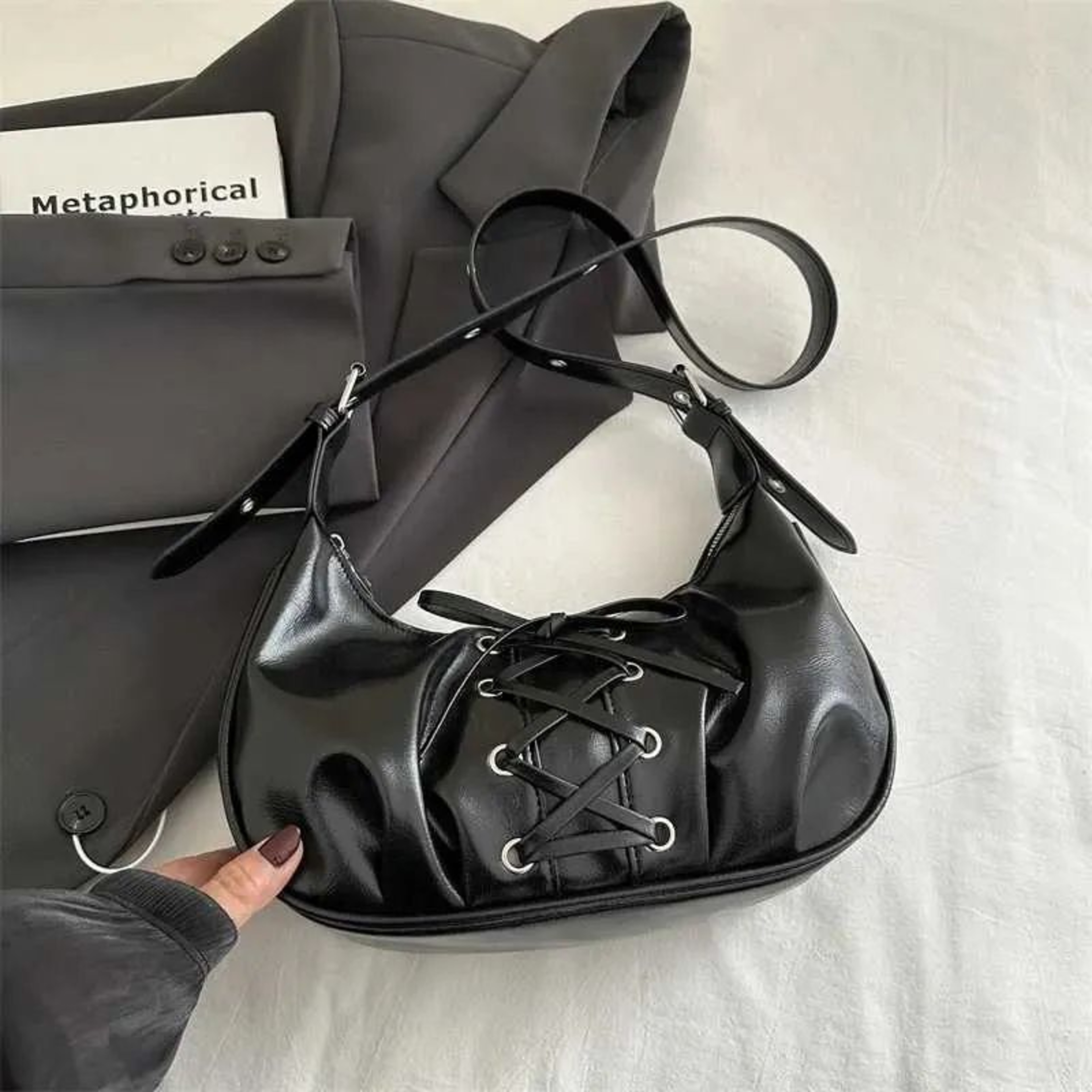 Women PU Leather Dumpling Bag With LaceUp Bow Shoulder And Crossbody Style 1