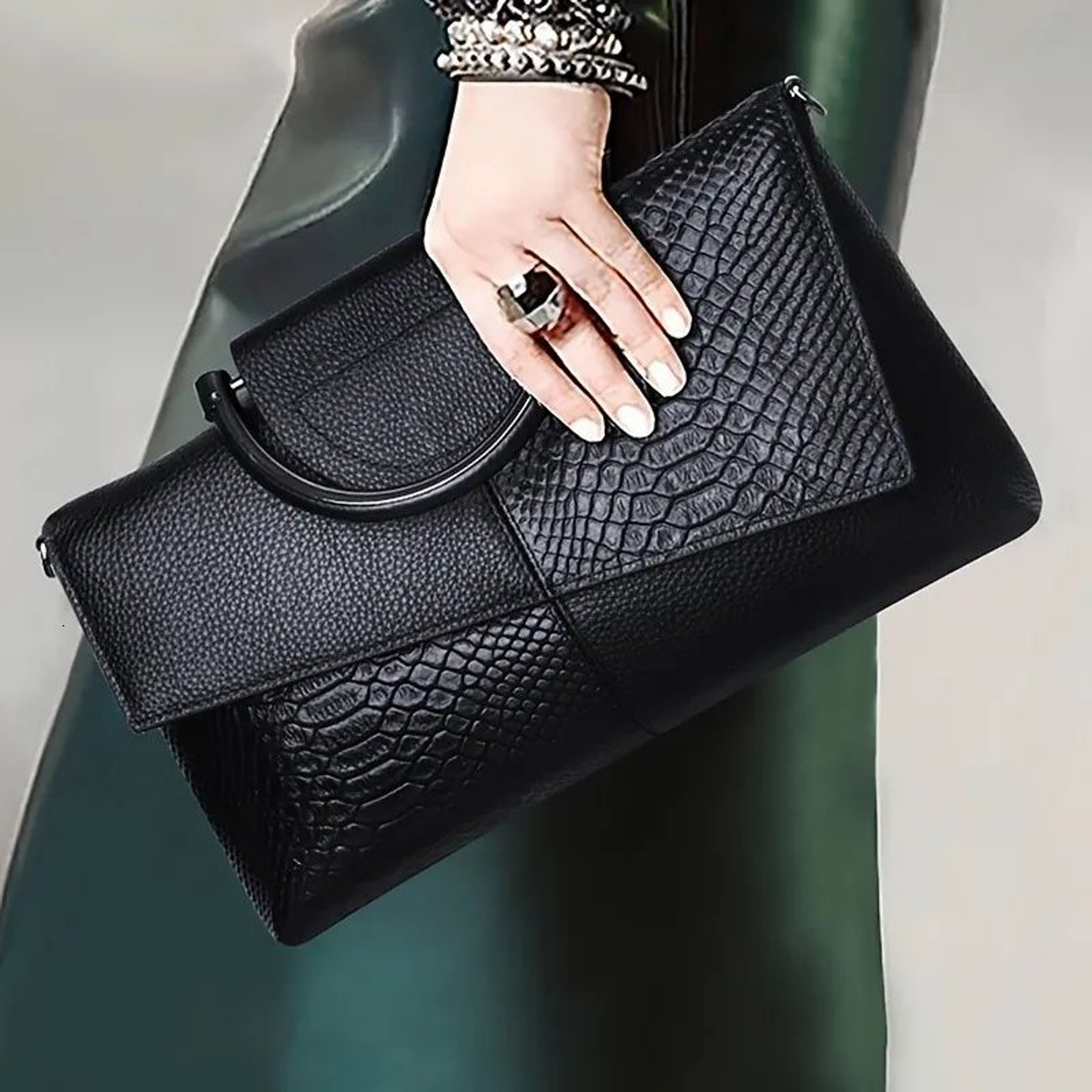 Croc Embossed Leather Clutch Bag With Handle For Women 0