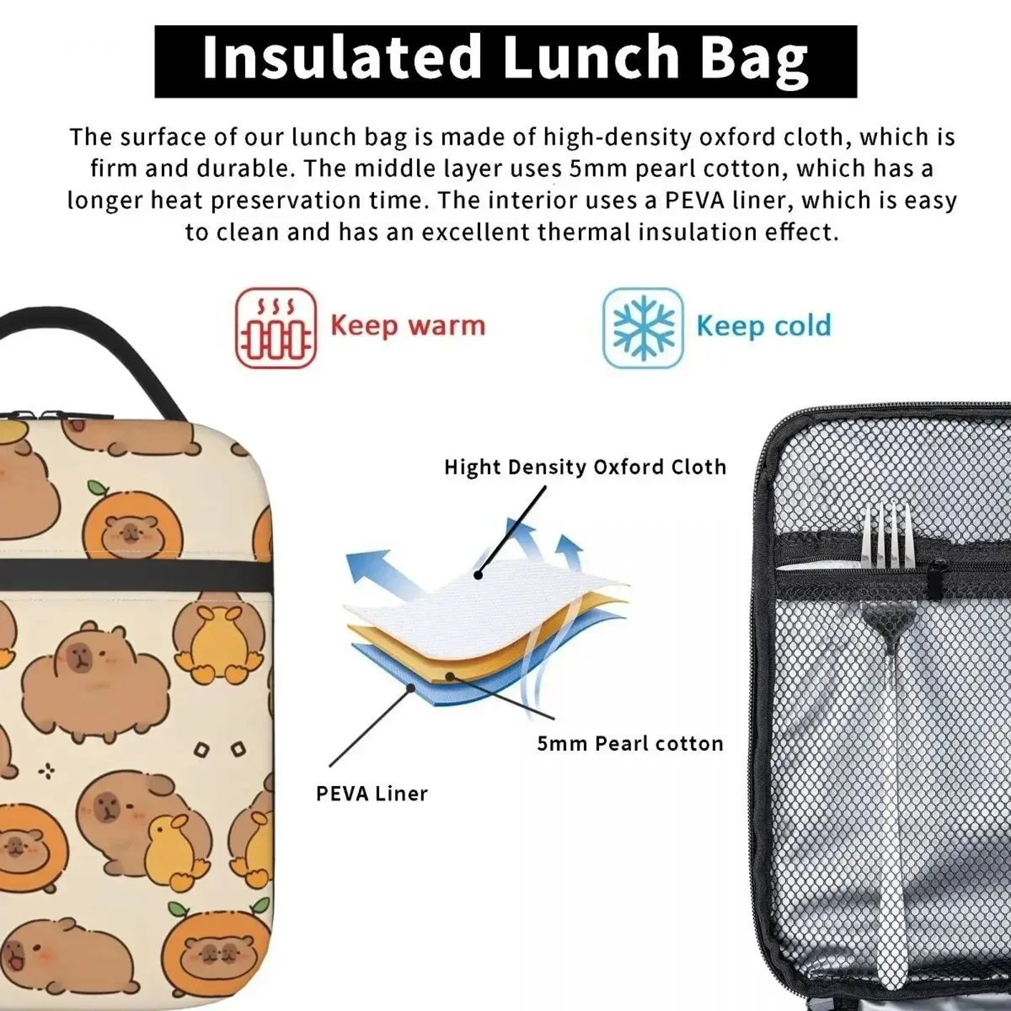 Capybara Insulated Lunch Bag Lightweight Oxford Cooler Tote For School And Work 1