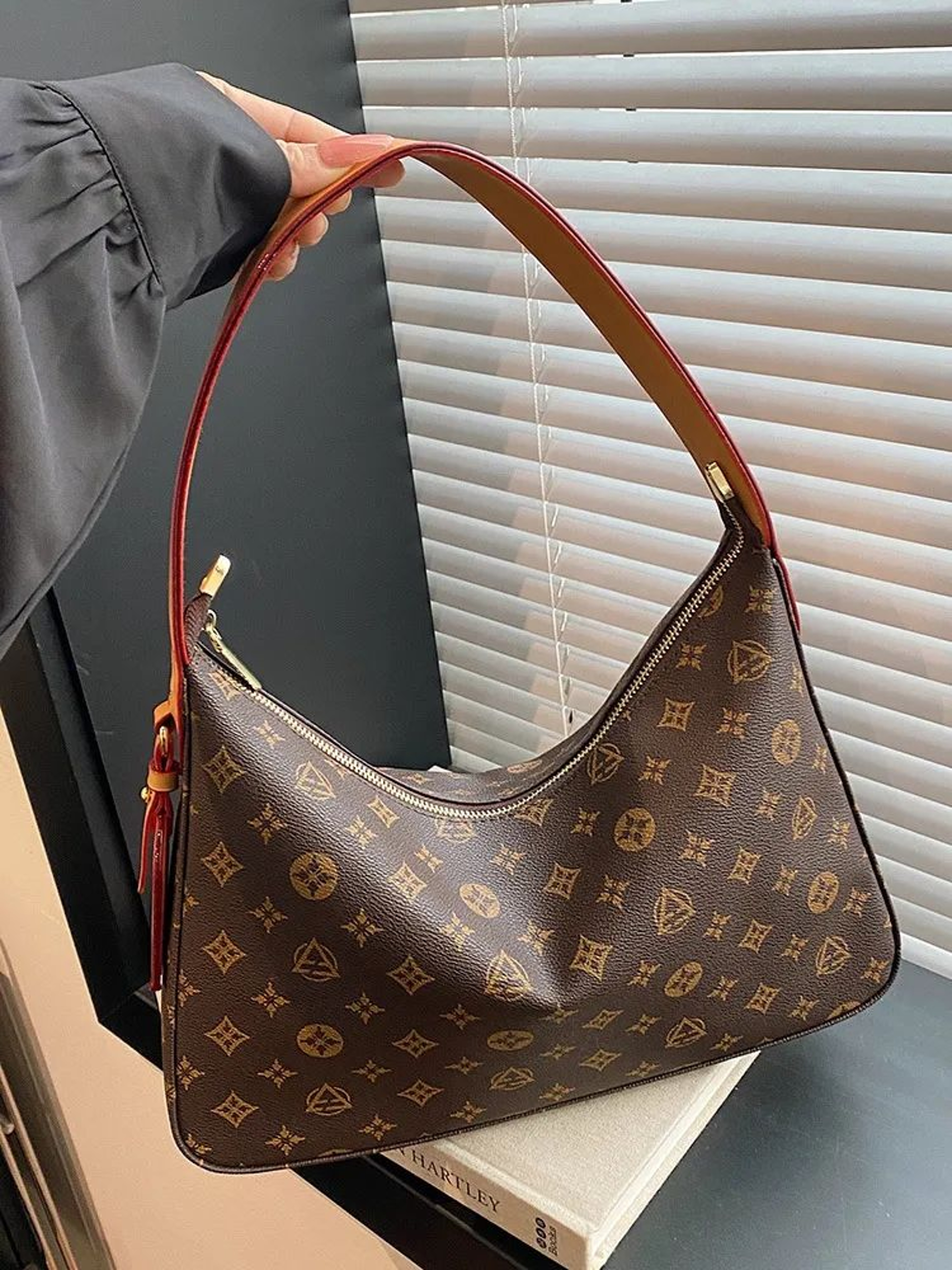 Large Monogram Canvas Hobo Shoulder Bag With Leather Strap And Tassel 1