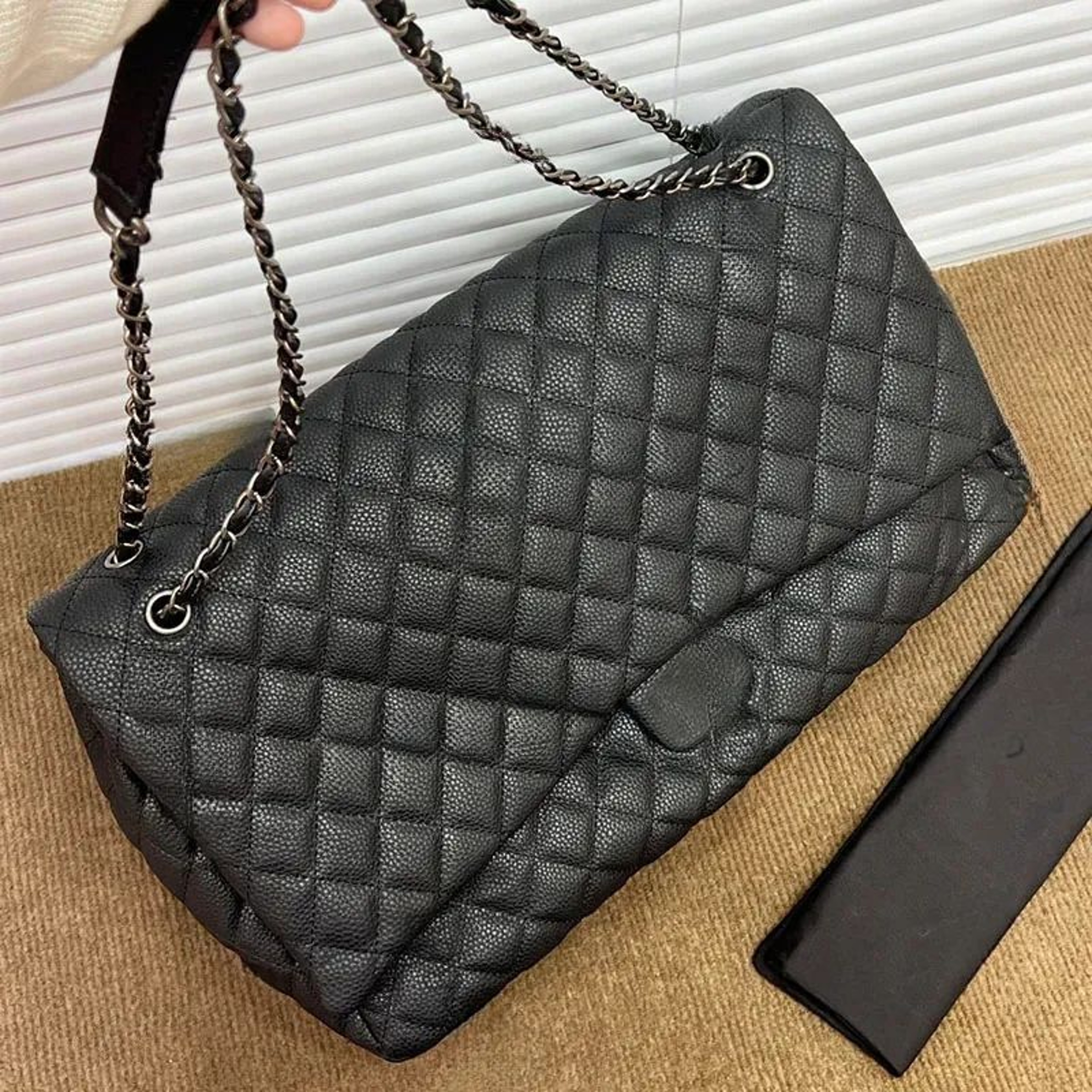 Women Genuine Calfskin Leather XXL Quilted Shoulder Bag With Chain Strap 1