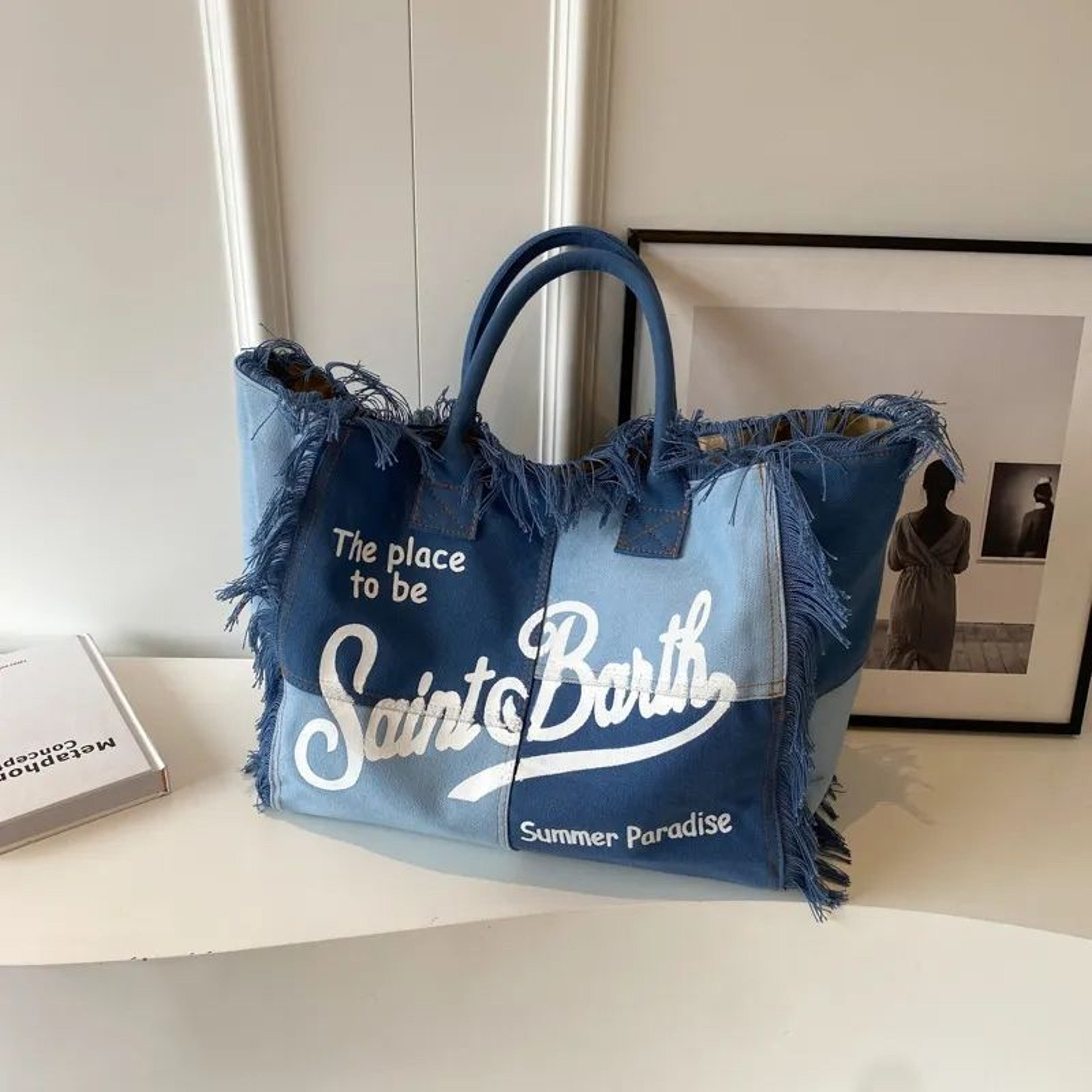 Large Capacity Denim Print Beach Tote Bag With Shoulder Strap And Tassel Detail 0