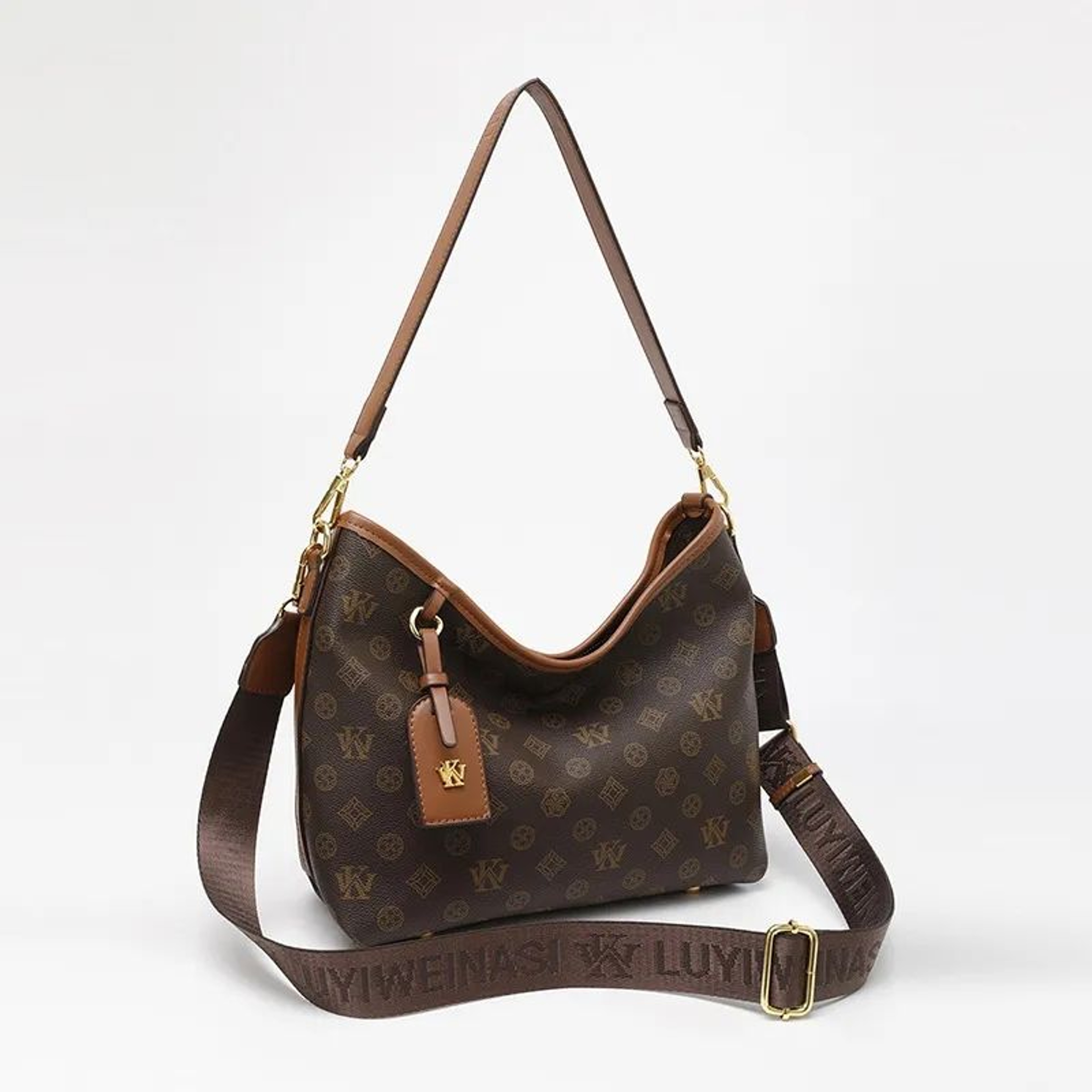 Vintage Monogram Hobo Bag For Women With Adjustable Wide Crossbody Strap 0