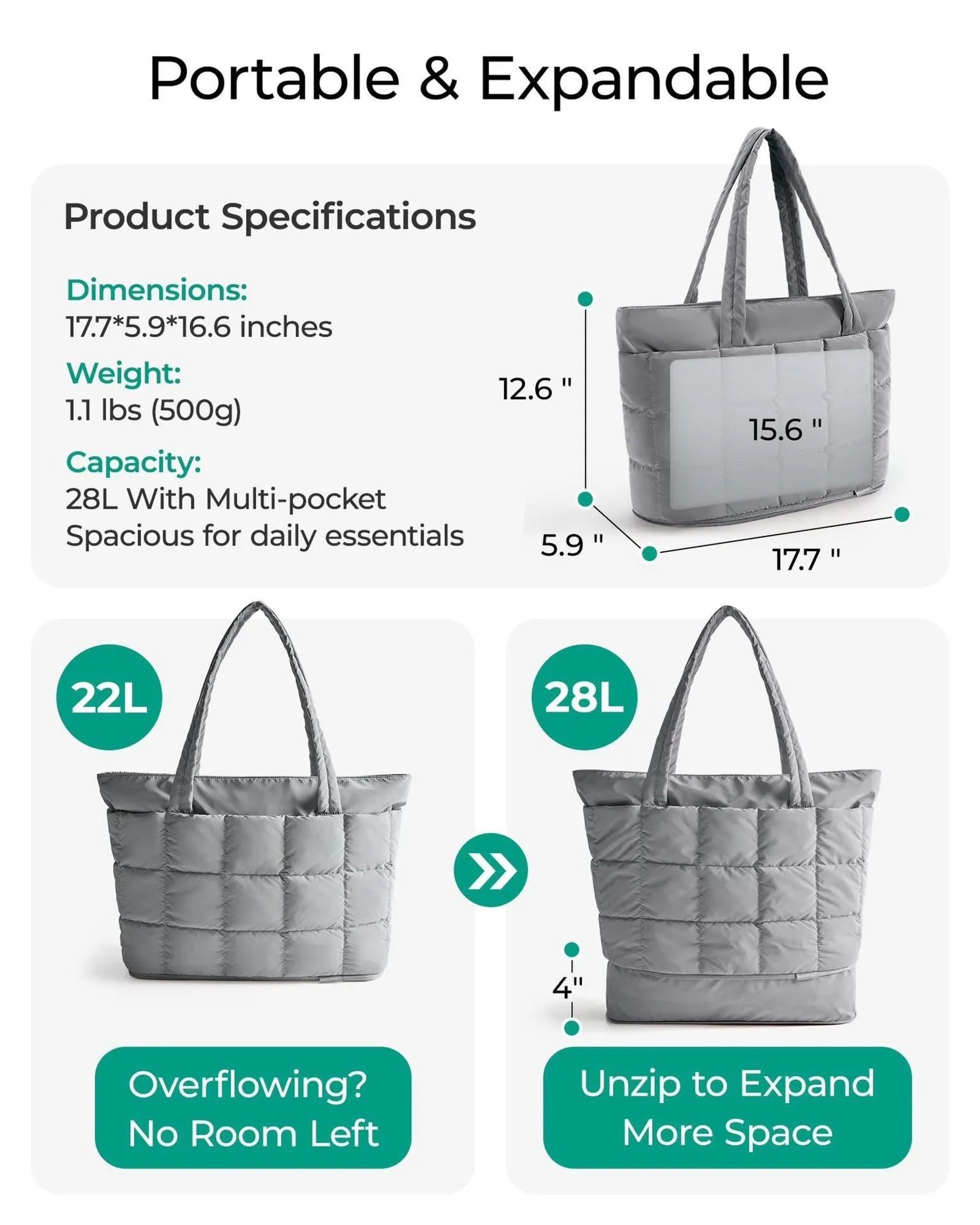 Women Nylon Puffer Shoulder Bag Lightweight Large Capacity Tote Purse 4