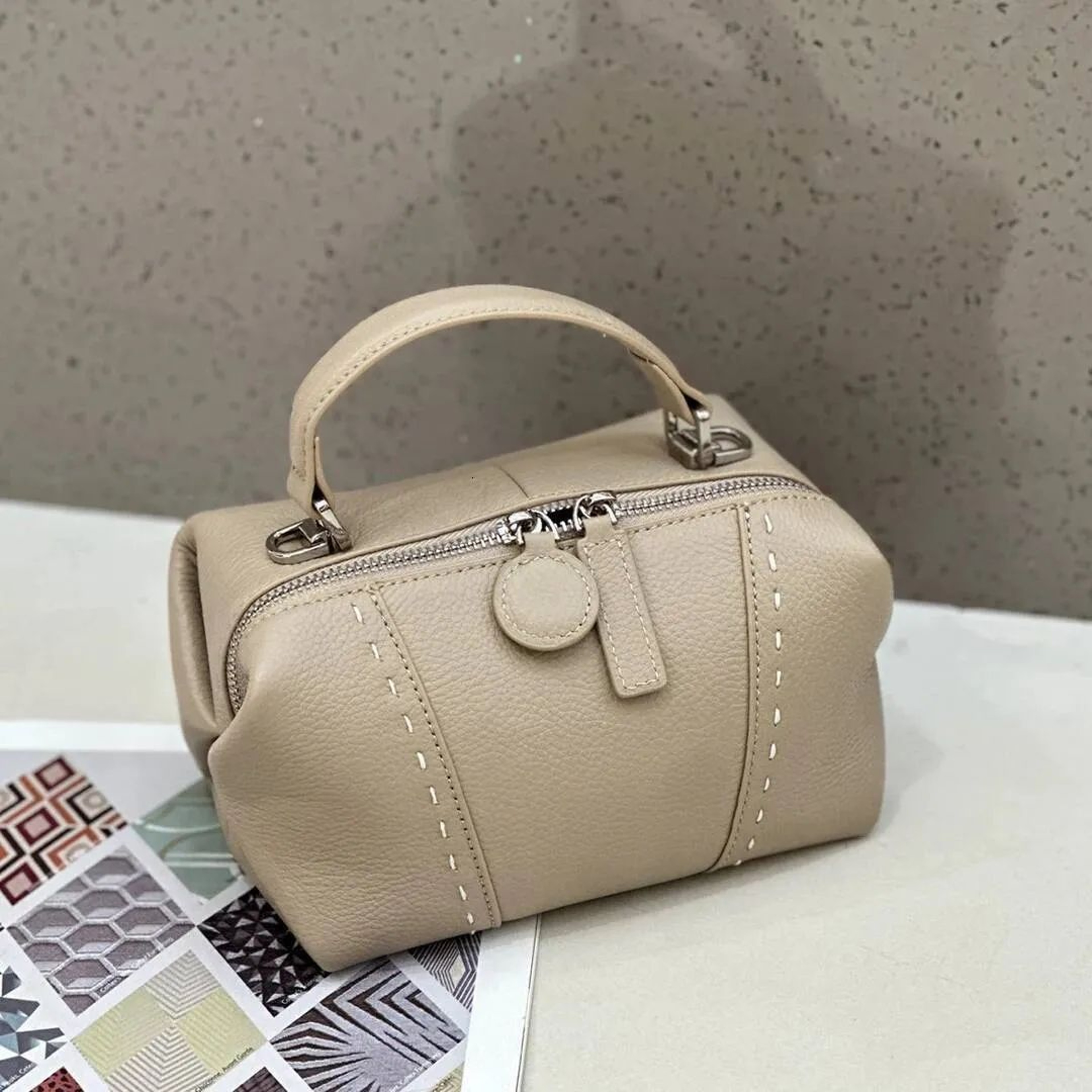 Women Mini Boston Shoulder Bag With Soft Pebbled Leather And Contrast Stitching 2