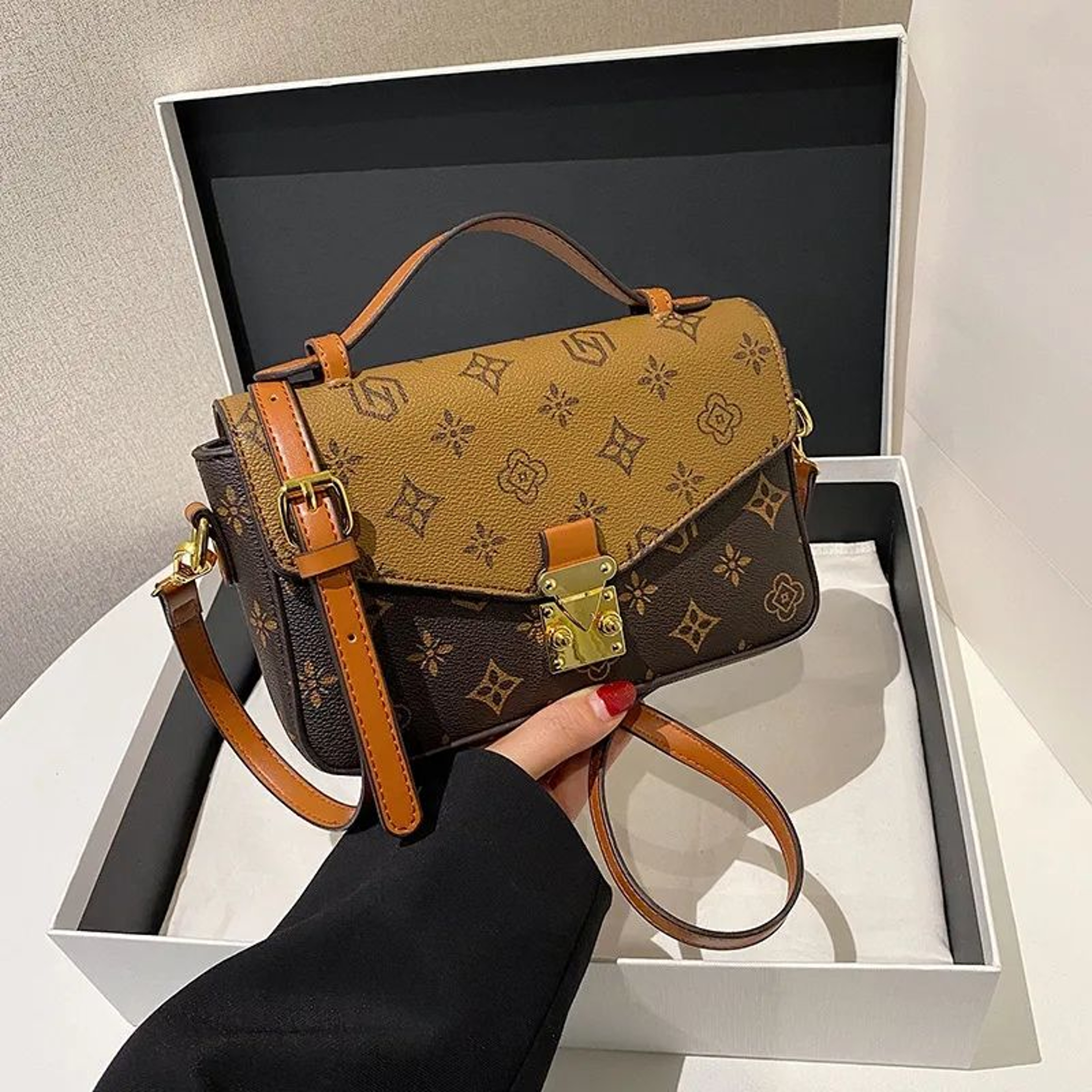 Womens Square Crossbody Bag With Floral Print And Textured Vegan Leather 2