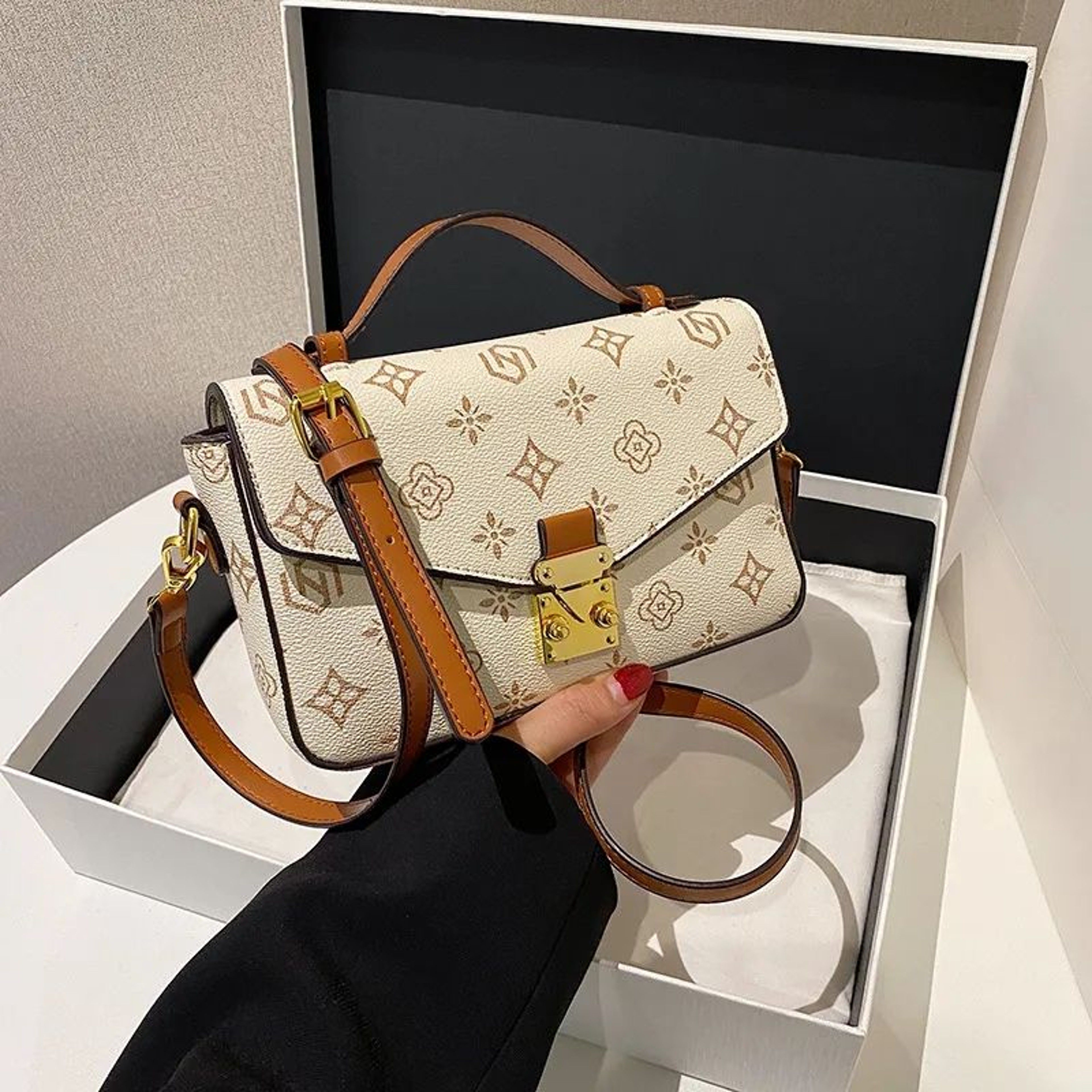 Womens Square Crossbody Bag With Floral Print And Textured Vegan Leather 1
