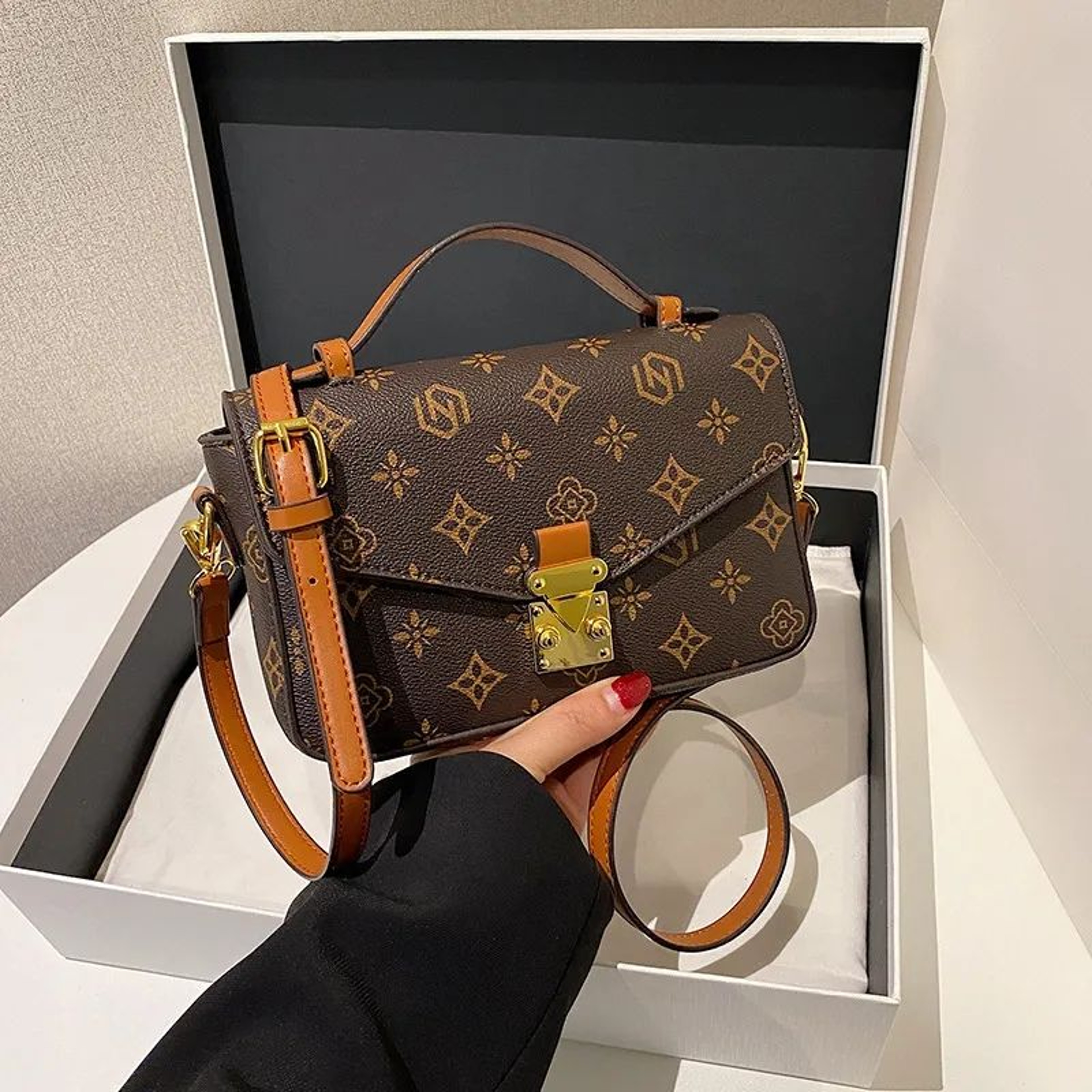 Womens Square Crossbody Bag With Floral Print And Textured Vegan Leather 0