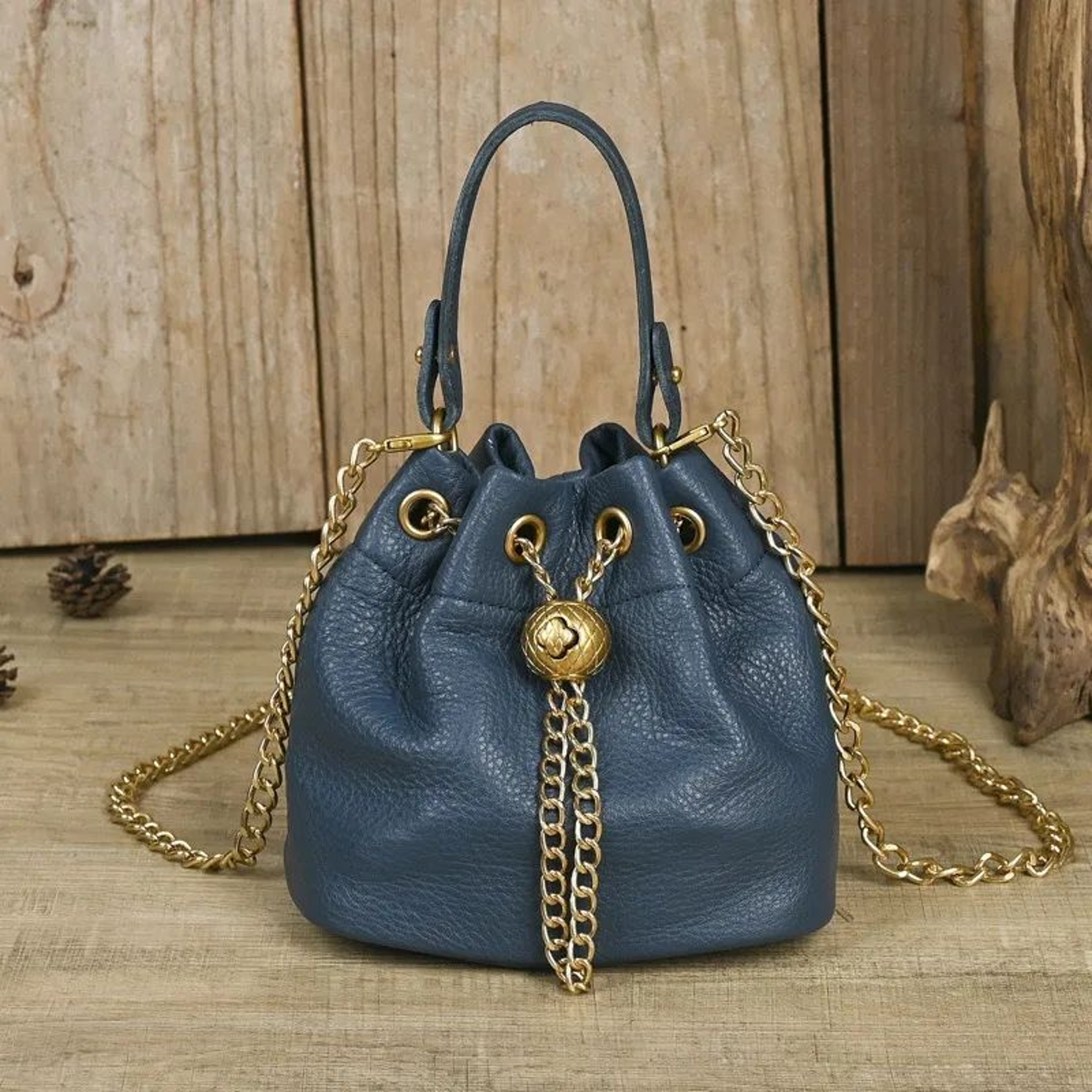 Womens Soft Cowhide Leather Bucket Bag With GoldTone Chain Strap 0