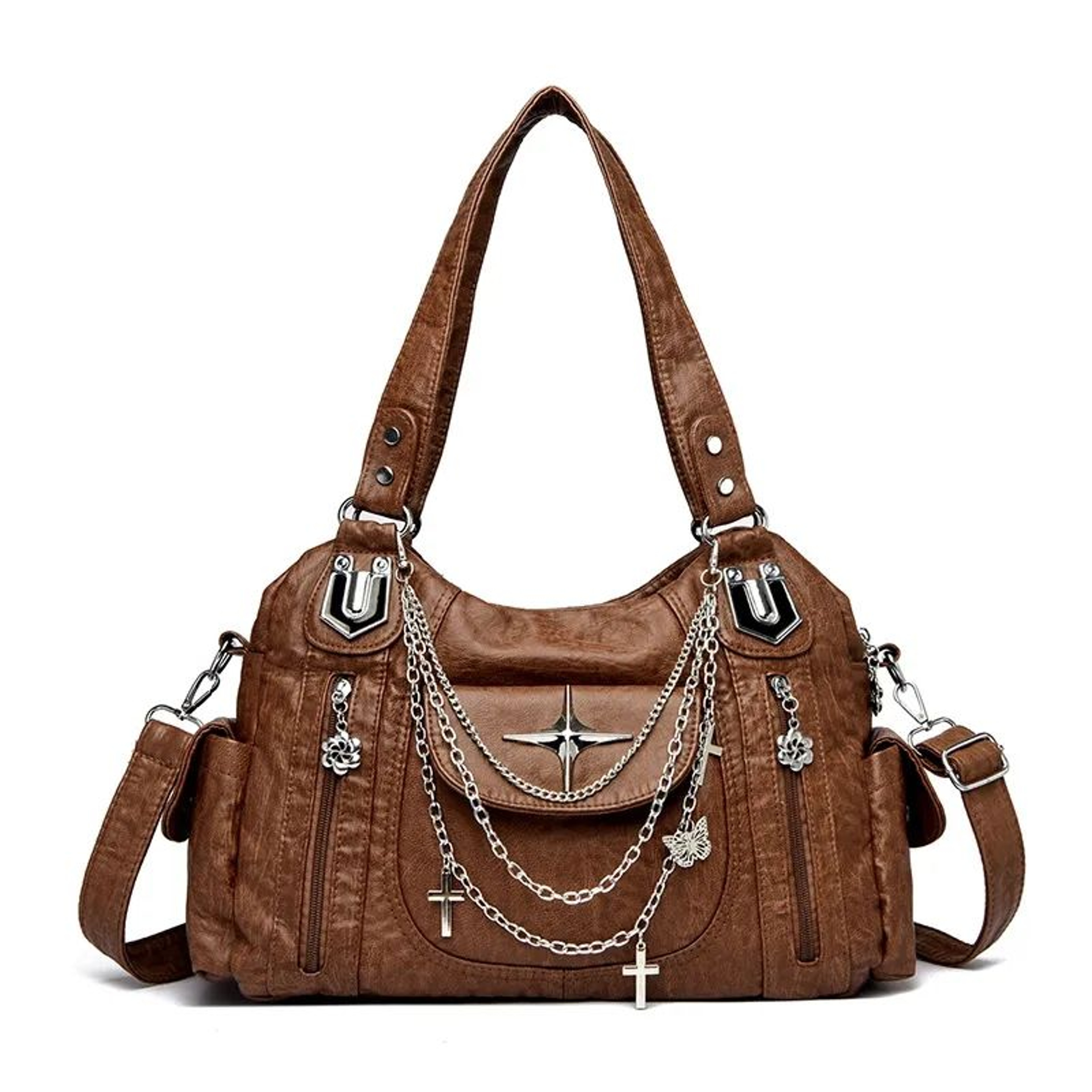 Vintage Chain Motorcycle Shoulder Tote Bag For Women Large Capacity Handbag 2