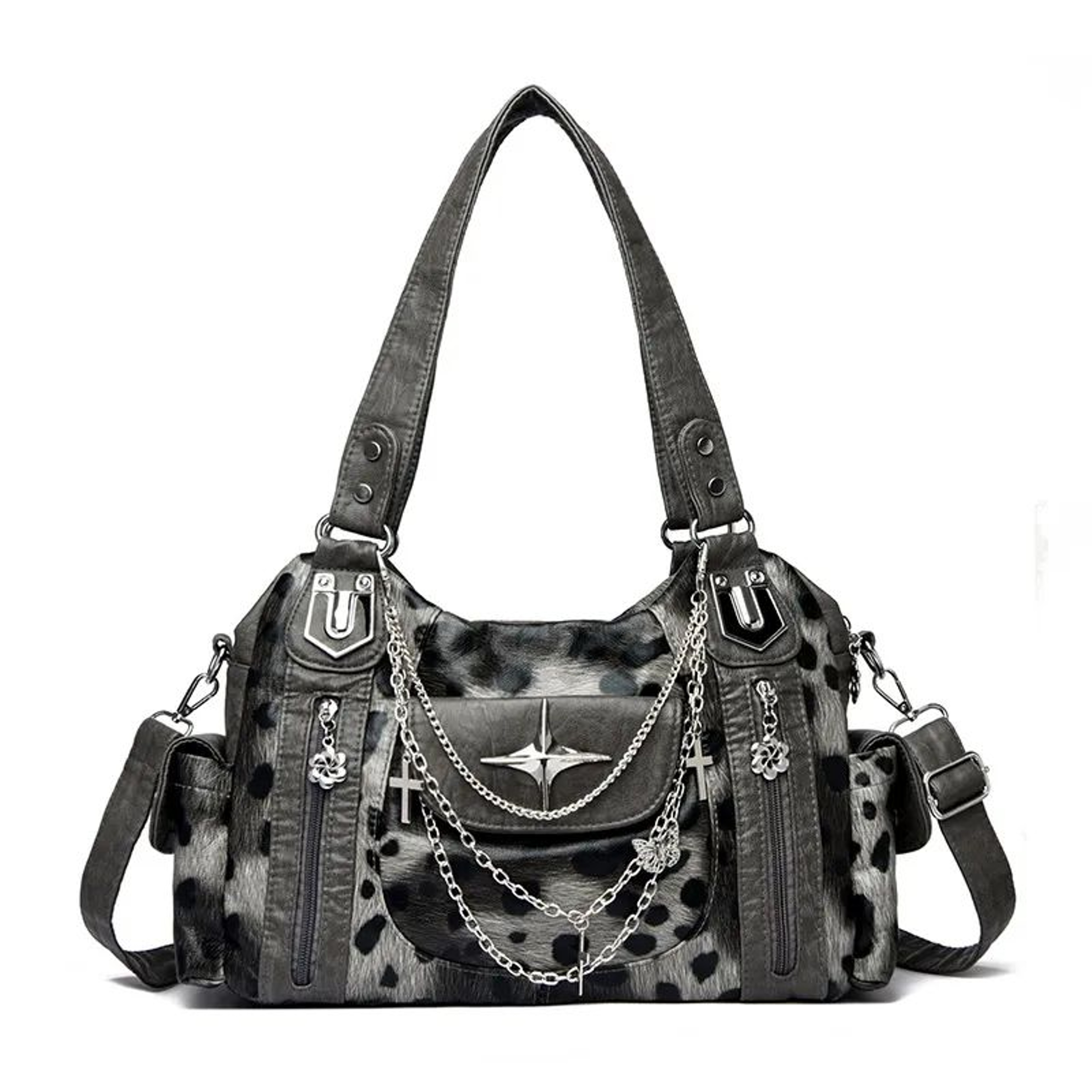Vintage Chain Motorcycle Shoulder Tote Bag For Women Large Capacity Handbag 0