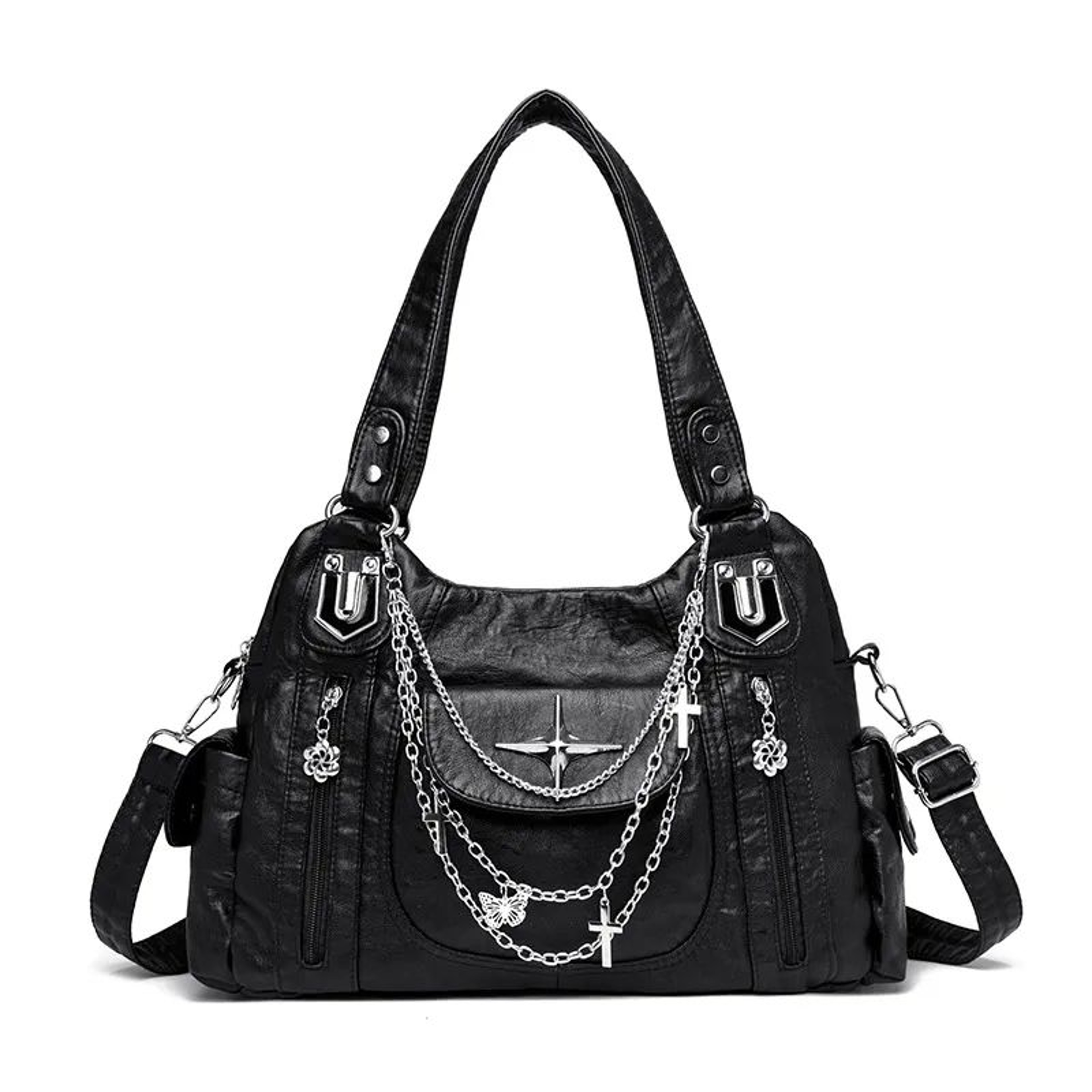 Vintage Chain Motorcycle Shoulder Tote Bag For Women Large Capacity Handbag 1