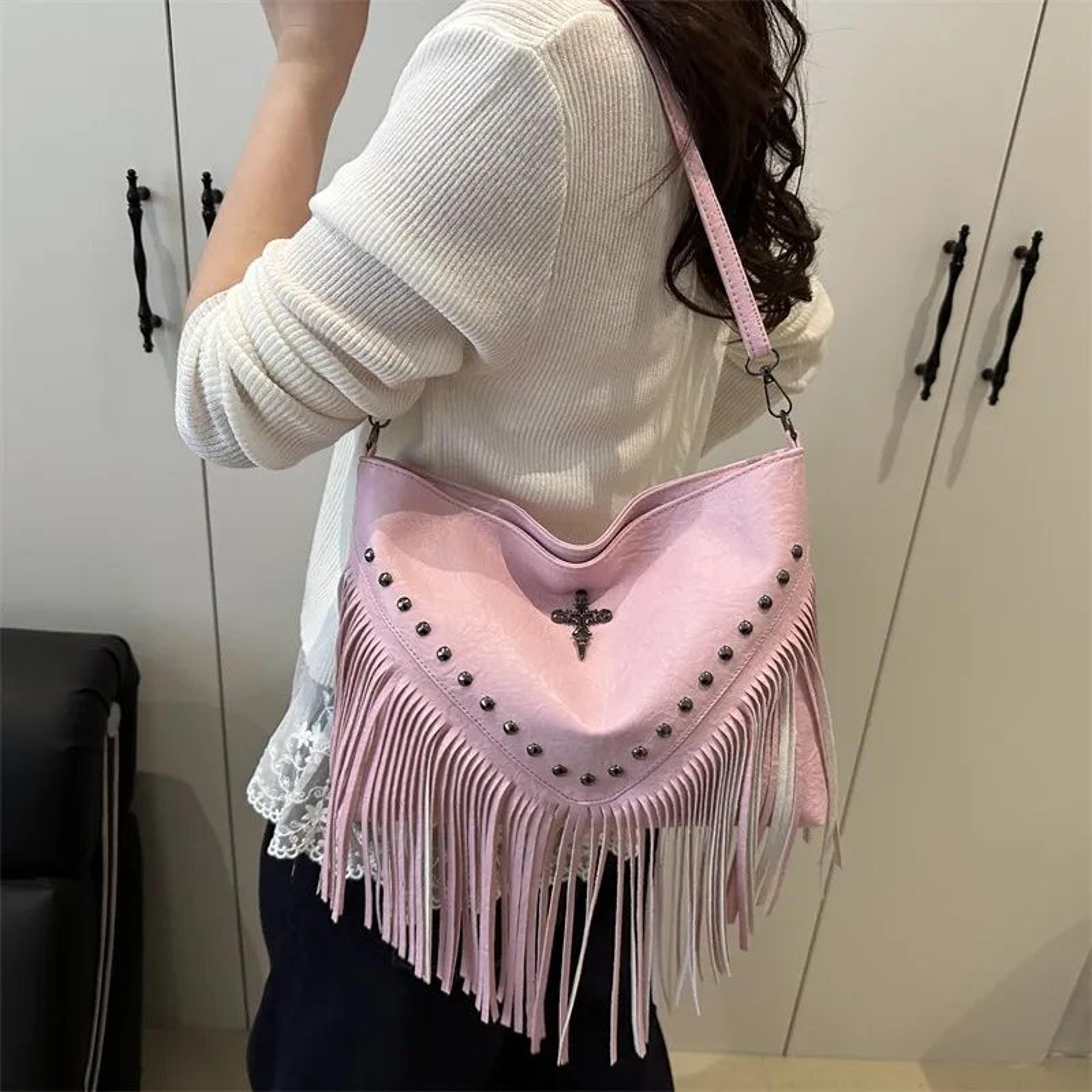 Women Fringe Crossbody Hobo Bag With Rivet Details And Cross Charm 4