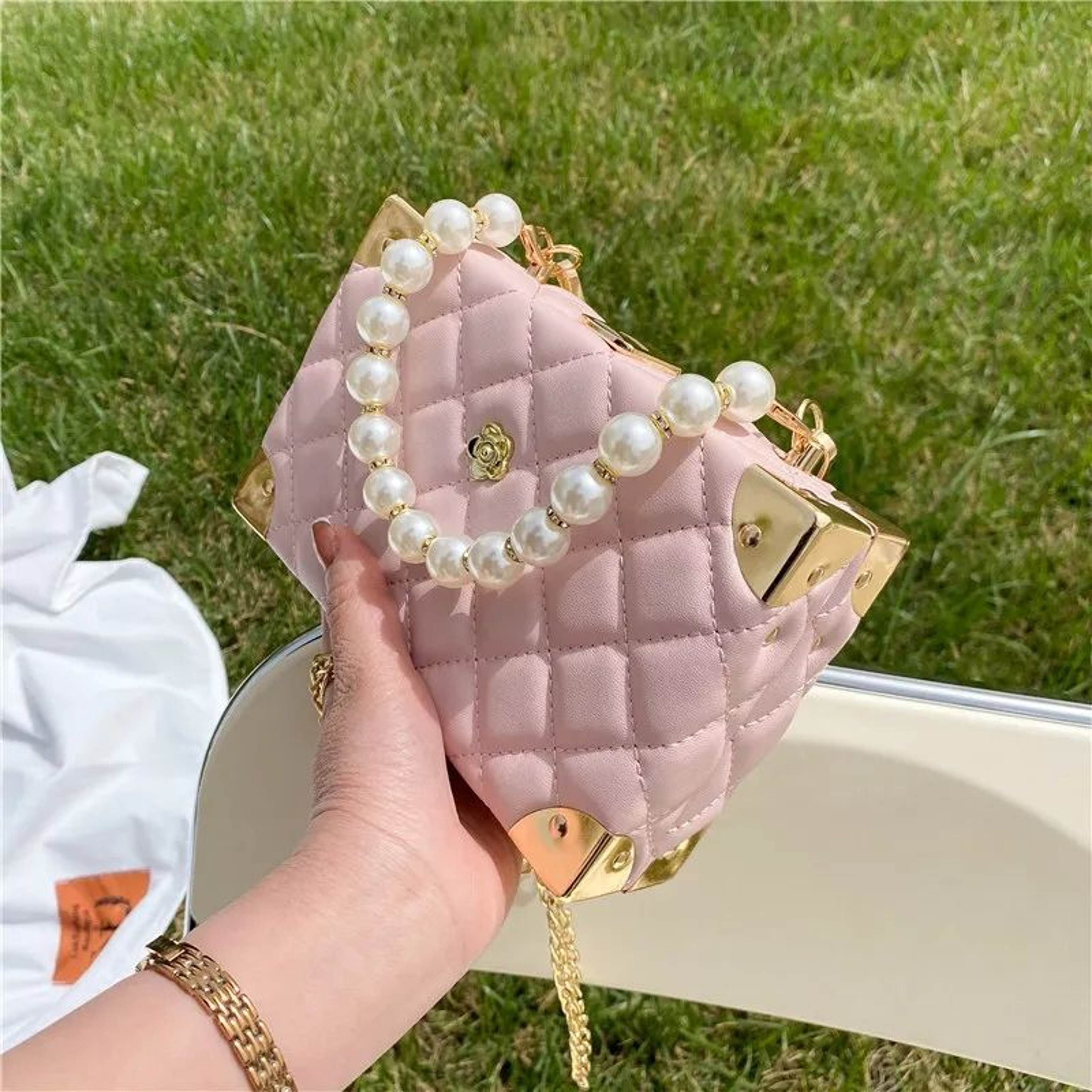 Women Quilted Pearl Chain Crossbody Bag With Embroidered Top Handle 1