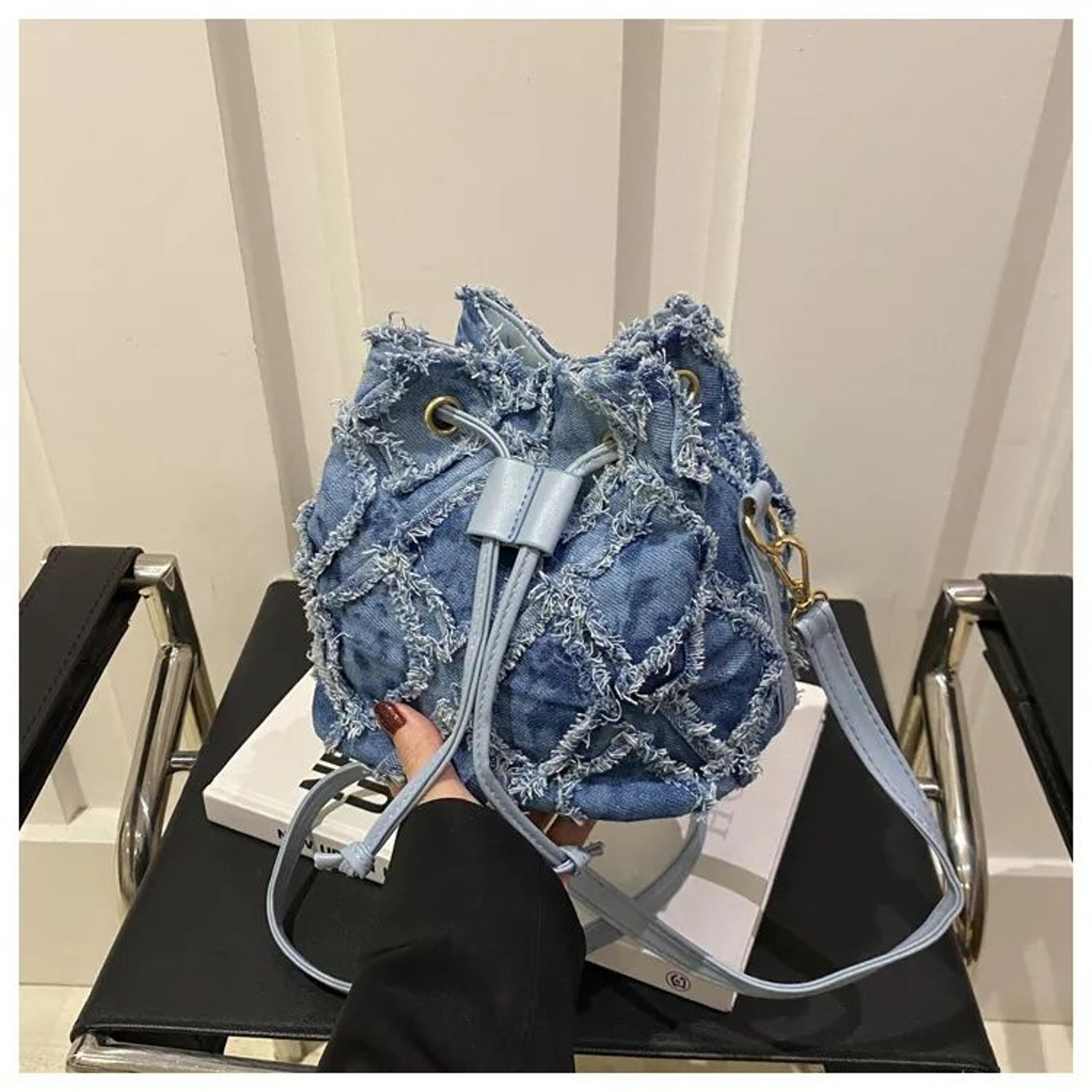 Womens Diamond Grid Drawstring Bucket Bag PU Crossbody Shoulder Purse 0