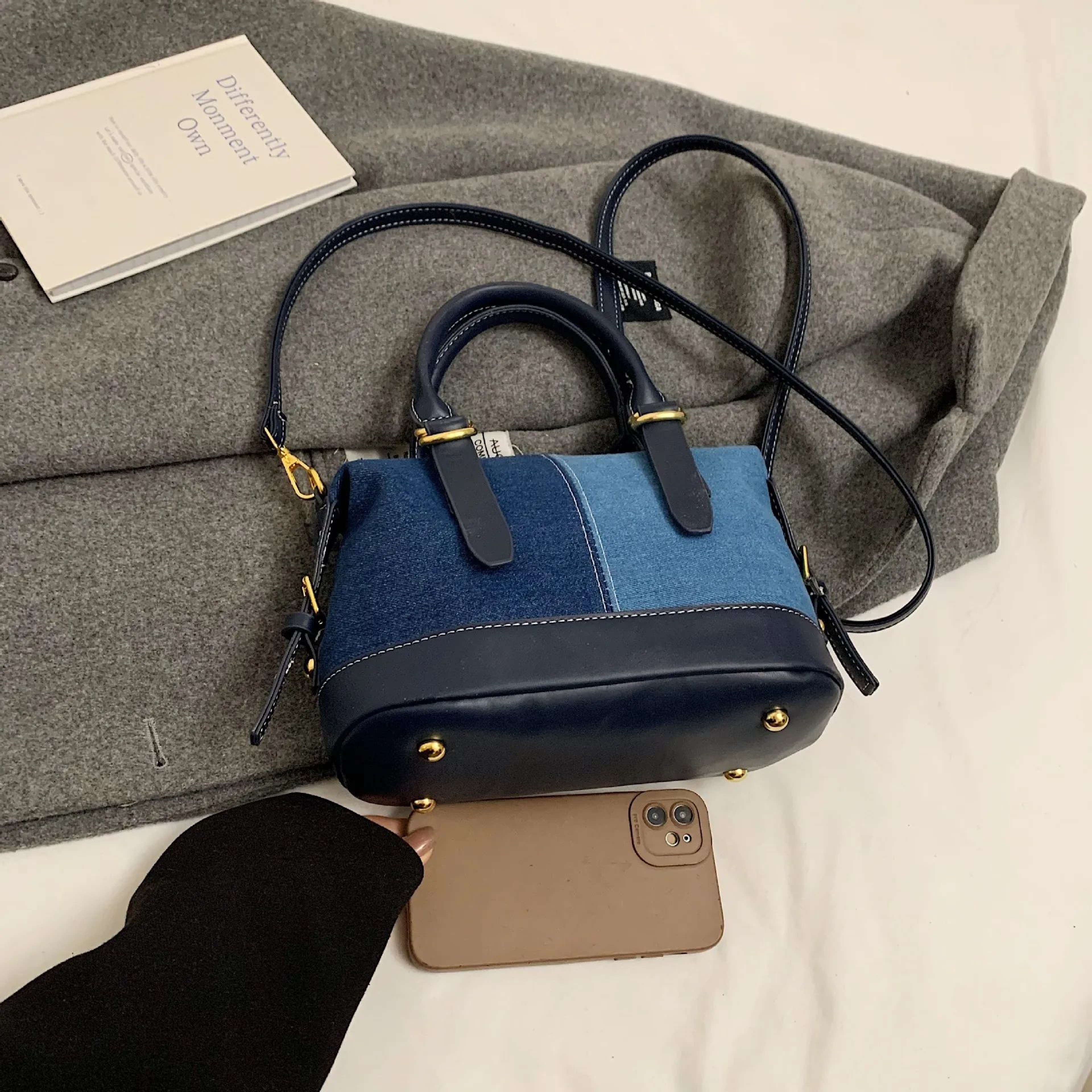 Womens Color Block PU Shoulder Bag Casual Crossbody Bucket Handbag 3