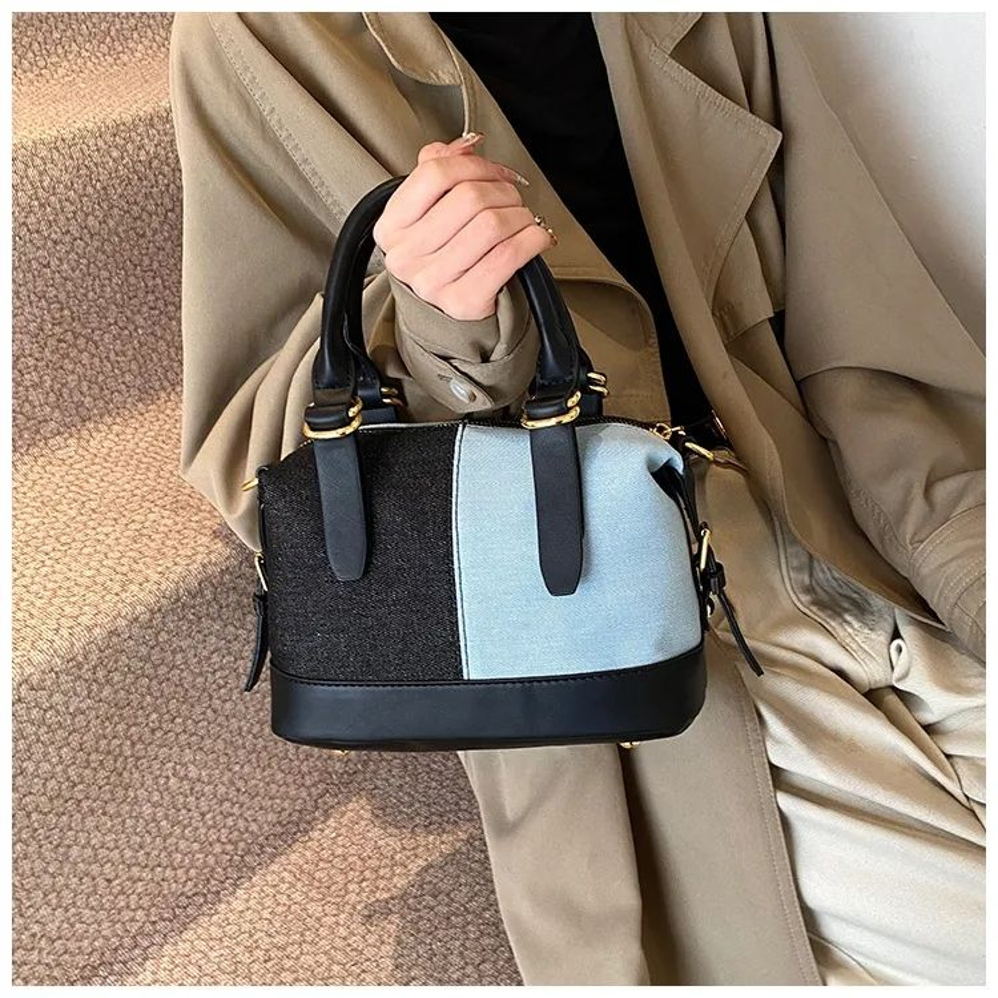 Womens Color Block PU Shoulder Bag Casual Crossbody Bucket Handbag 1