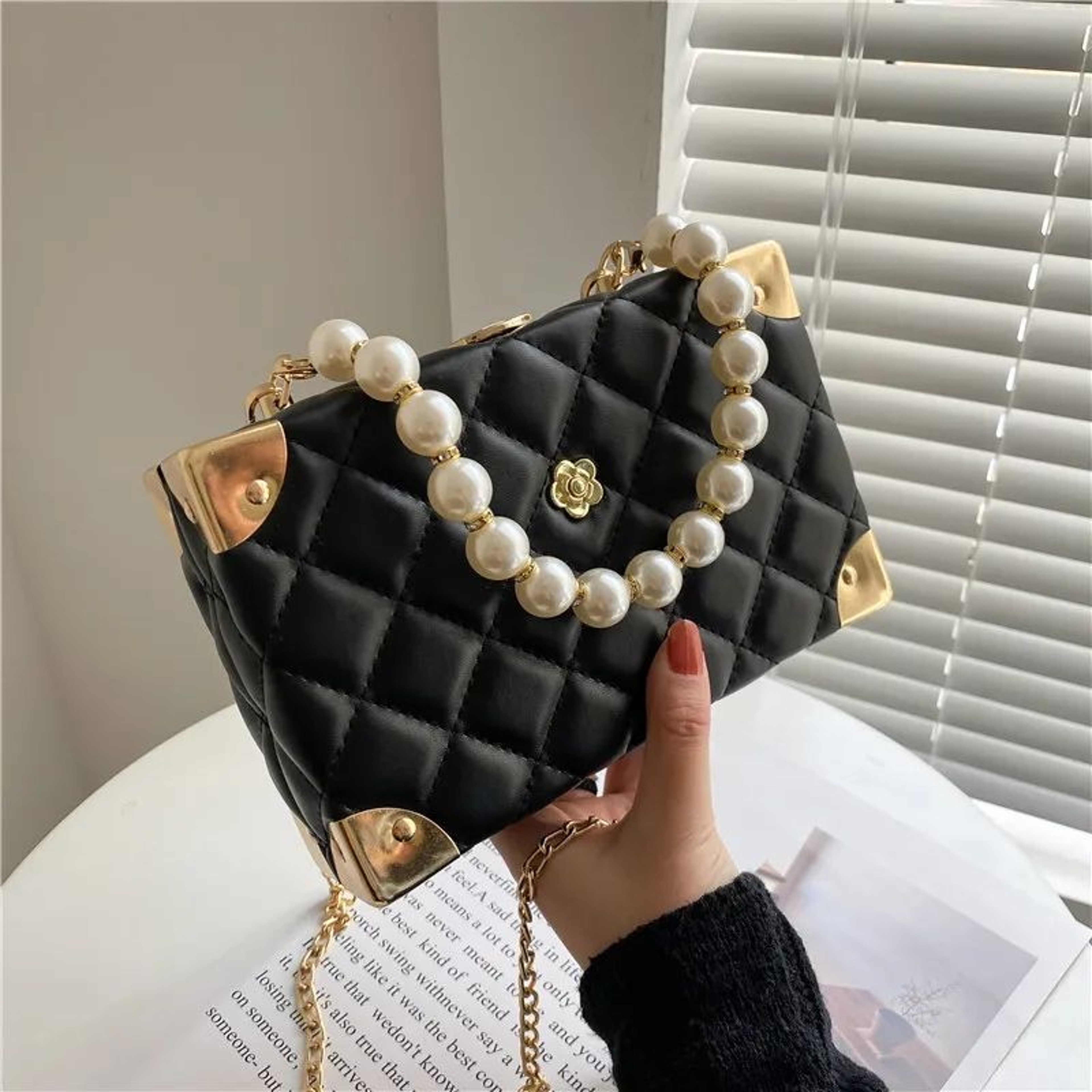 Pearl Chain Crossbody Bag With Embroidered Top Handle 0