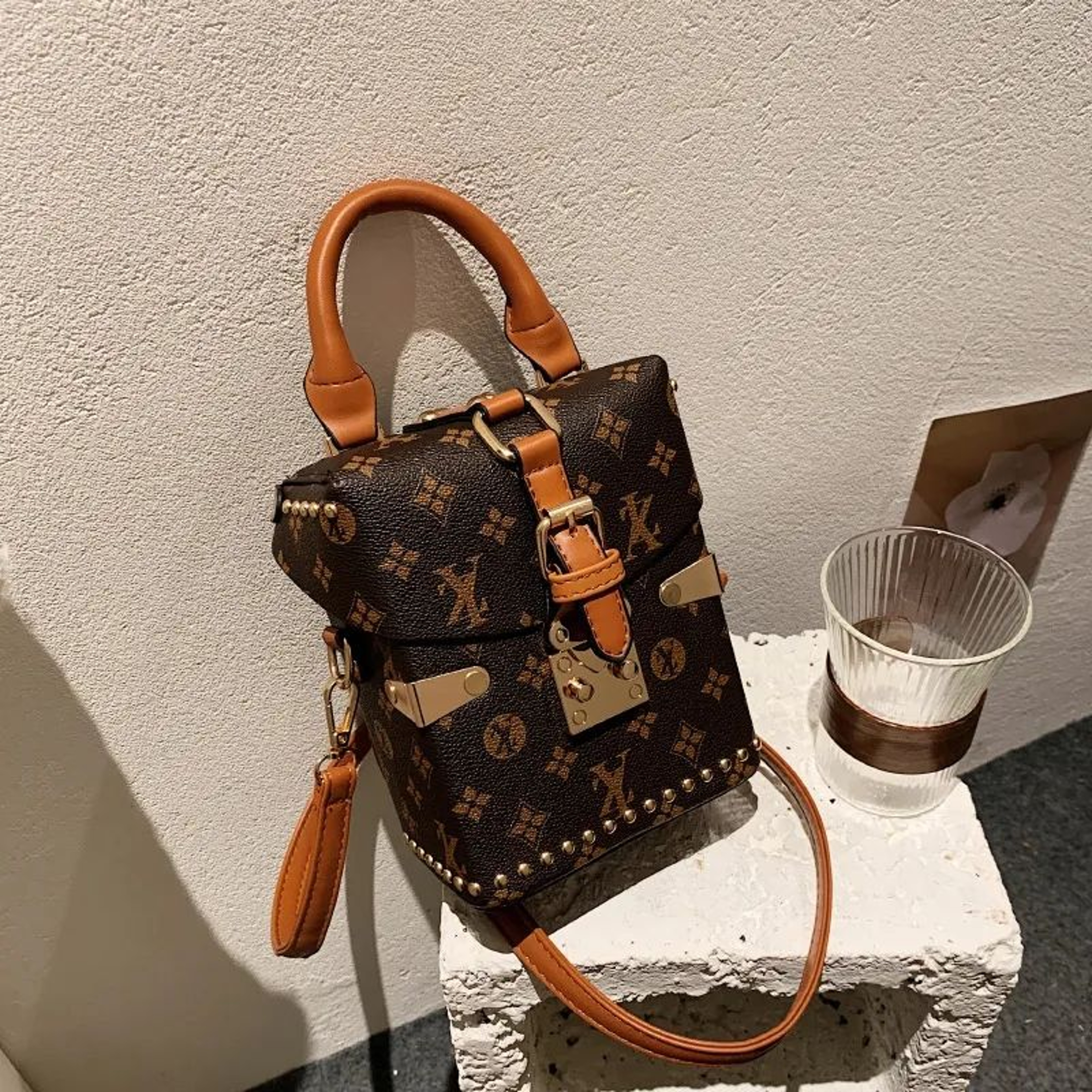 Womens Small Hard Shell Crossbody Bag With Printed Square Box Design 1