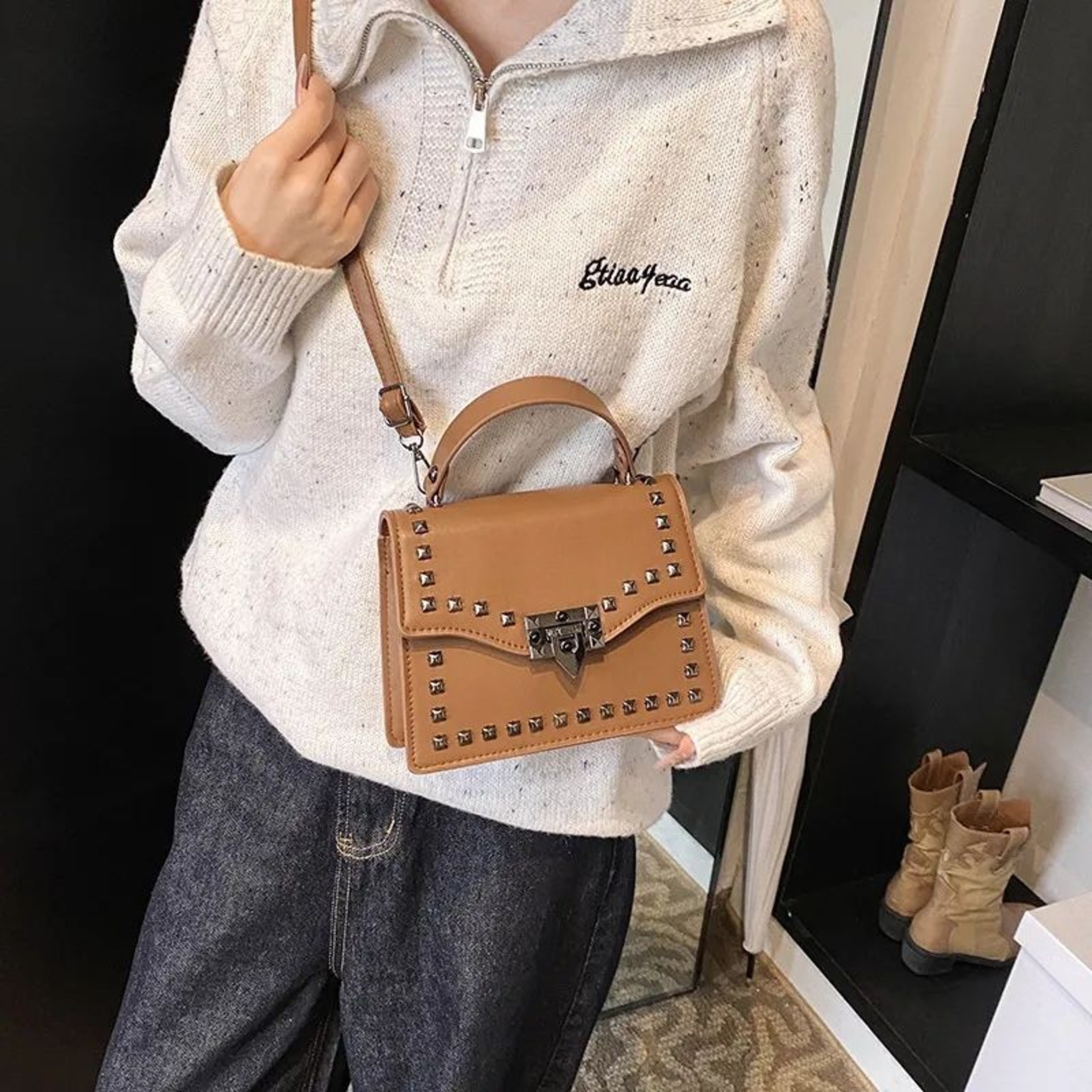 Women Small Square Crossbody Bag With Rivet Accents 4