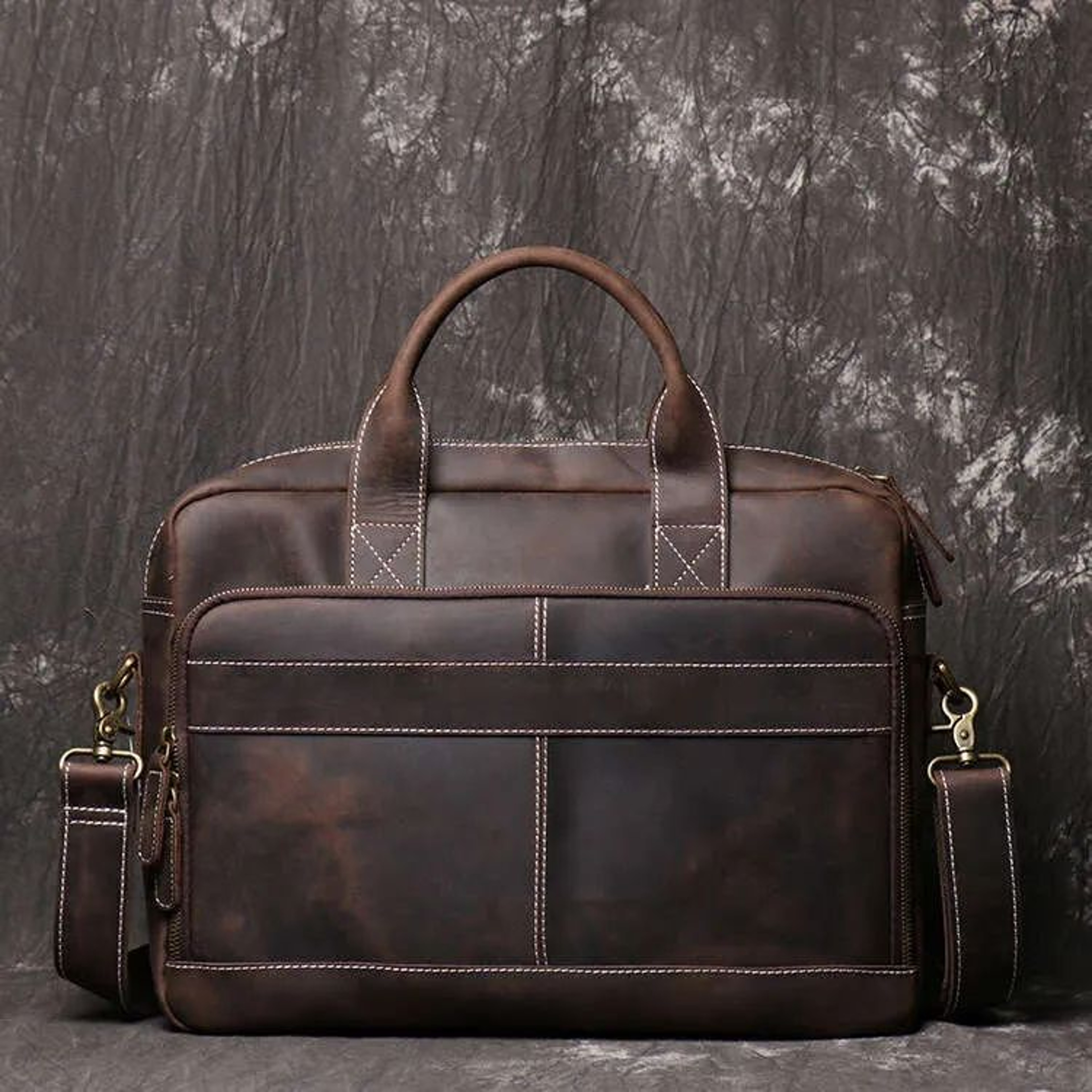 Genuine Crazy Horse Leather Laptop Briefcase With Crossbody Shoulder Strap 1