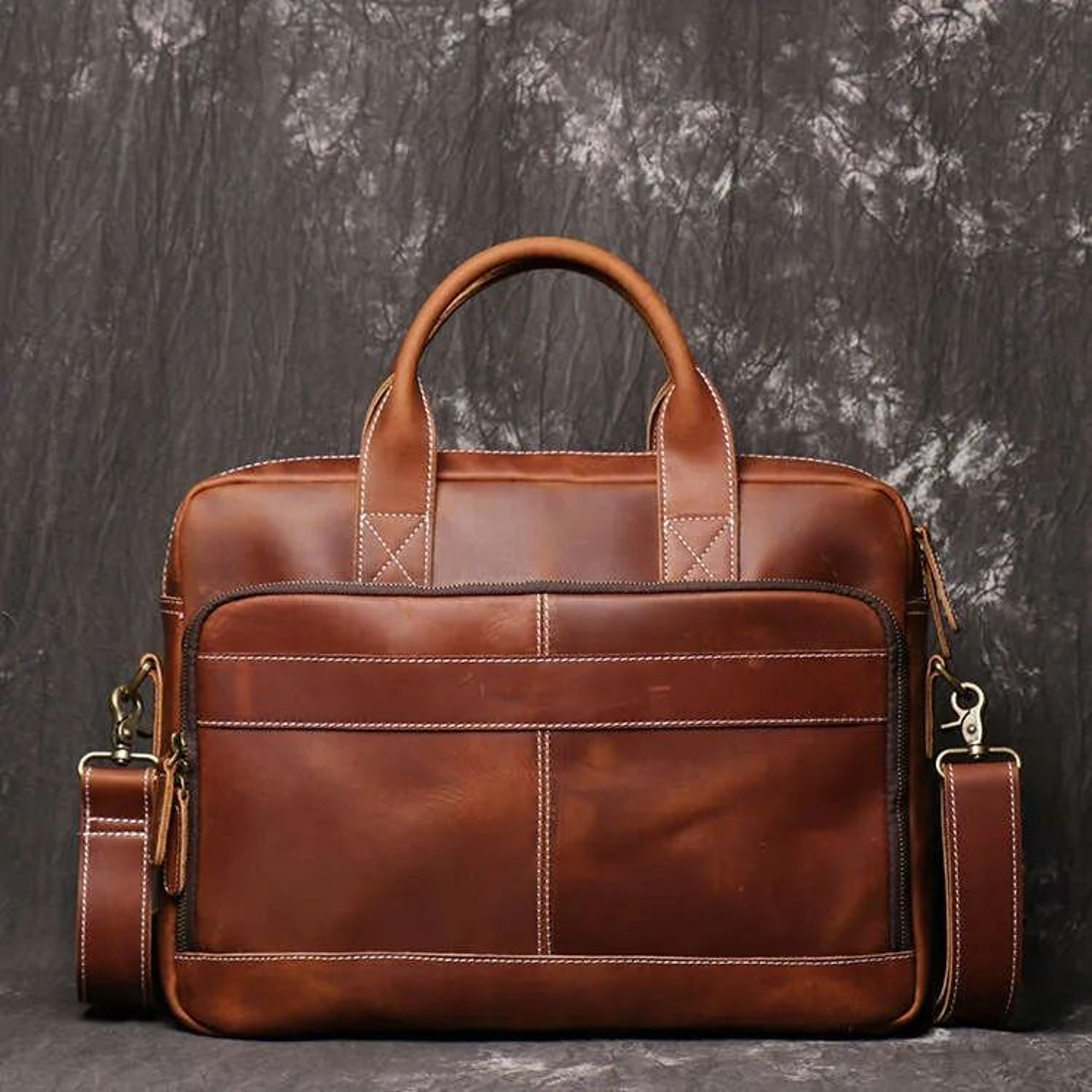 Genuine Crazy Horse Leather Laptop Briefcase With Crossbody Shoulder Strap 0