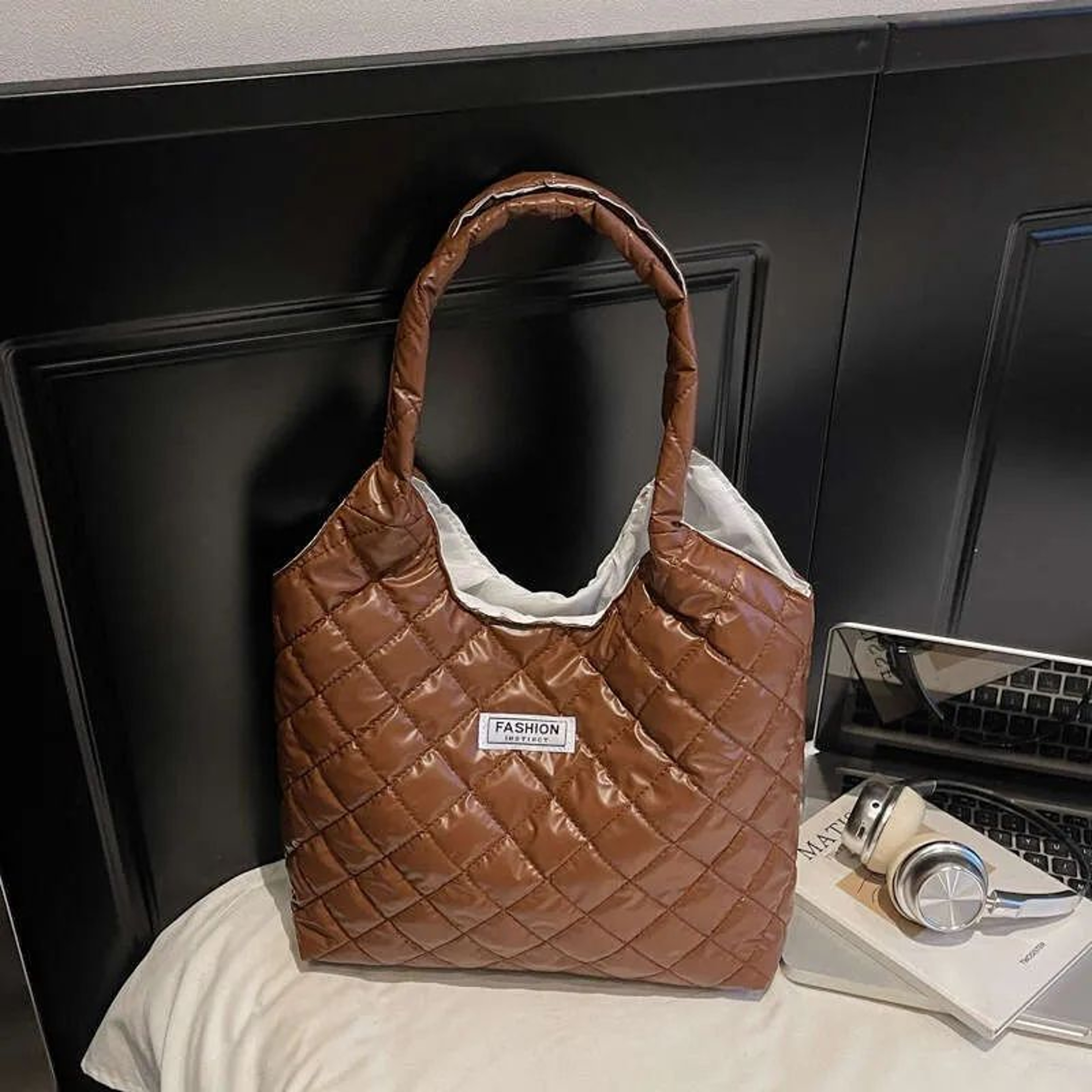 Womens Plaid Cotton Quilted Tote Bag With Large Capacity Shoulder Design 1
