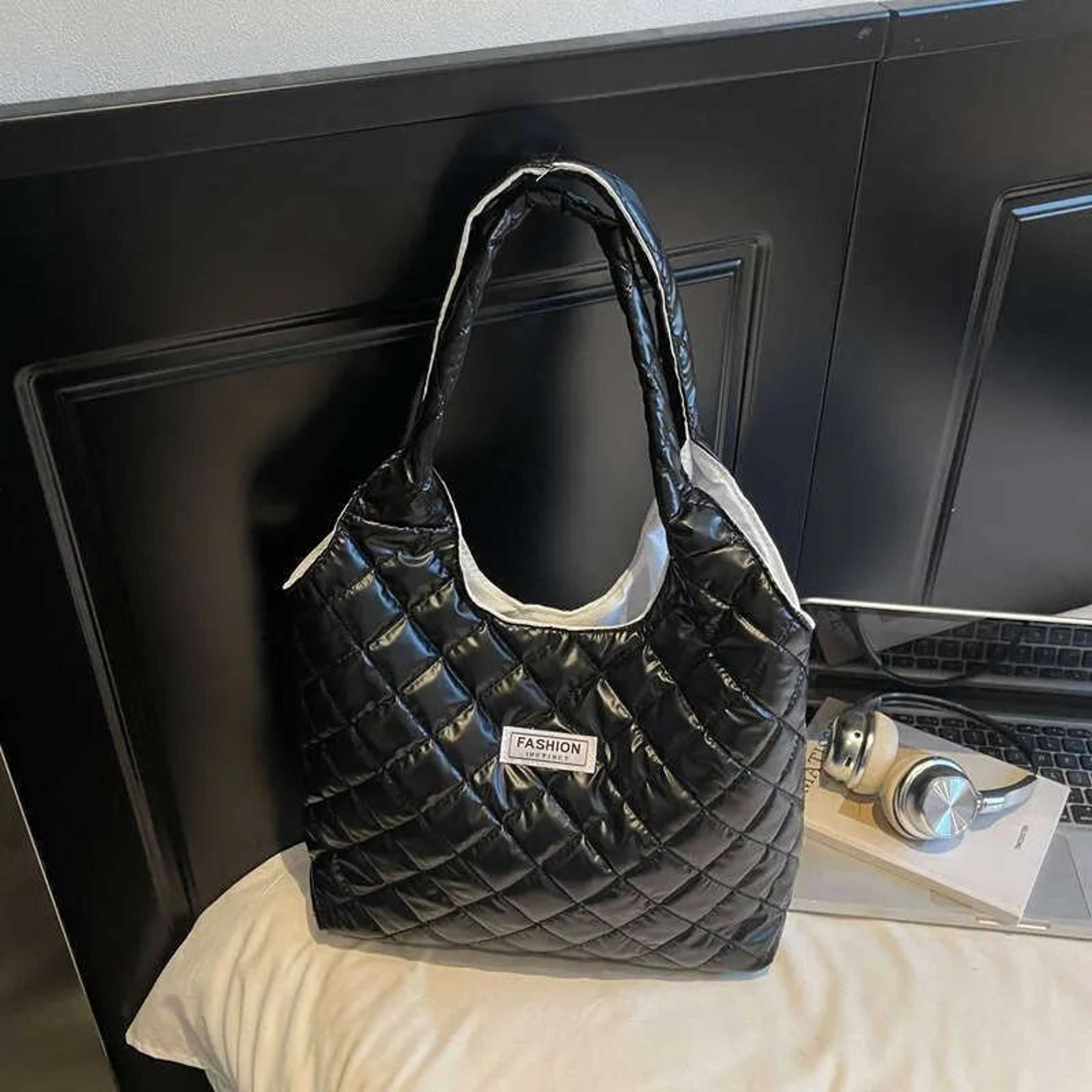 Womens Plaid Cotton Quilted Tote Bag With Large Capacity Shoulder Design 0