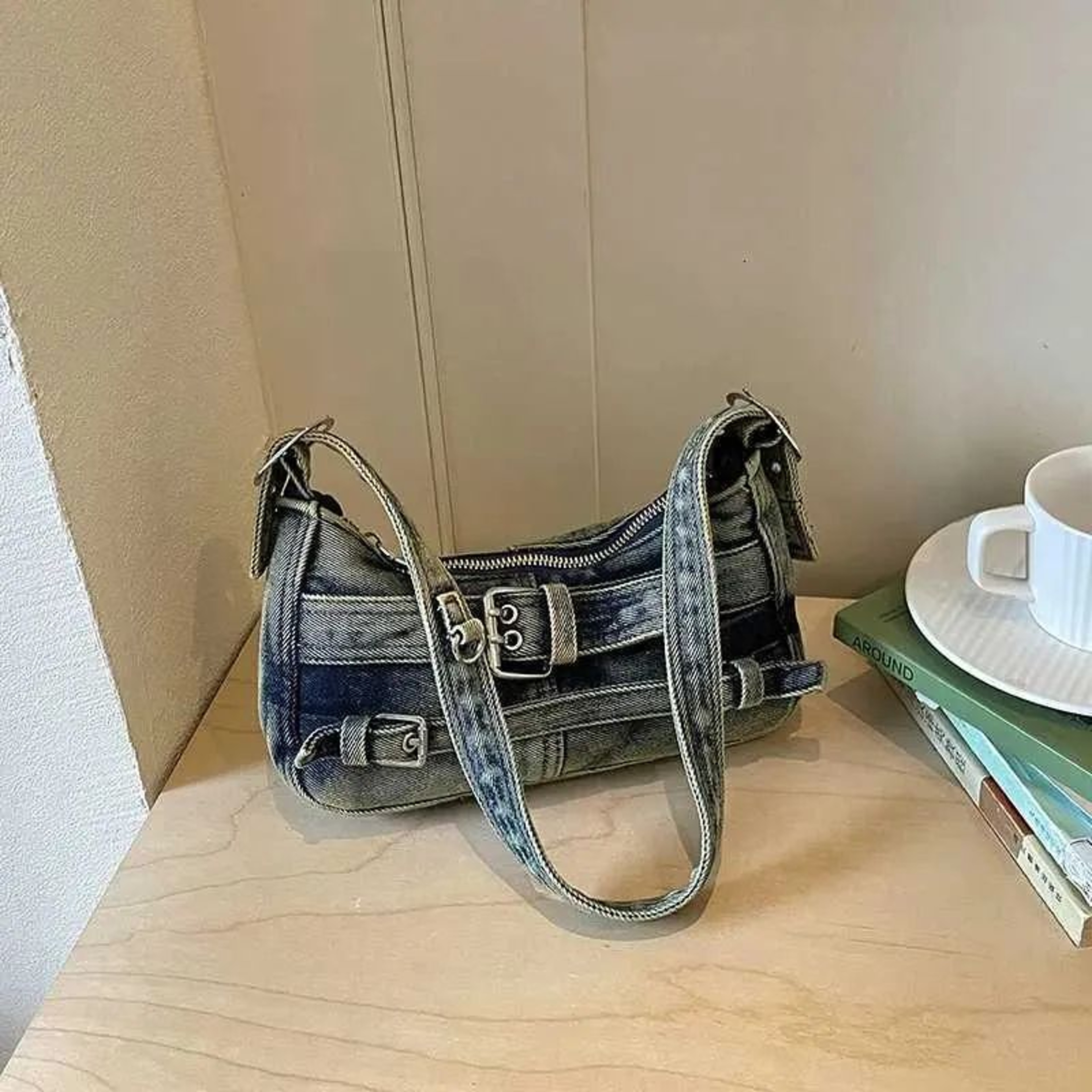 Vintage Washed Denim Shoulder Bag With Belt Buckle Detail For Women 2