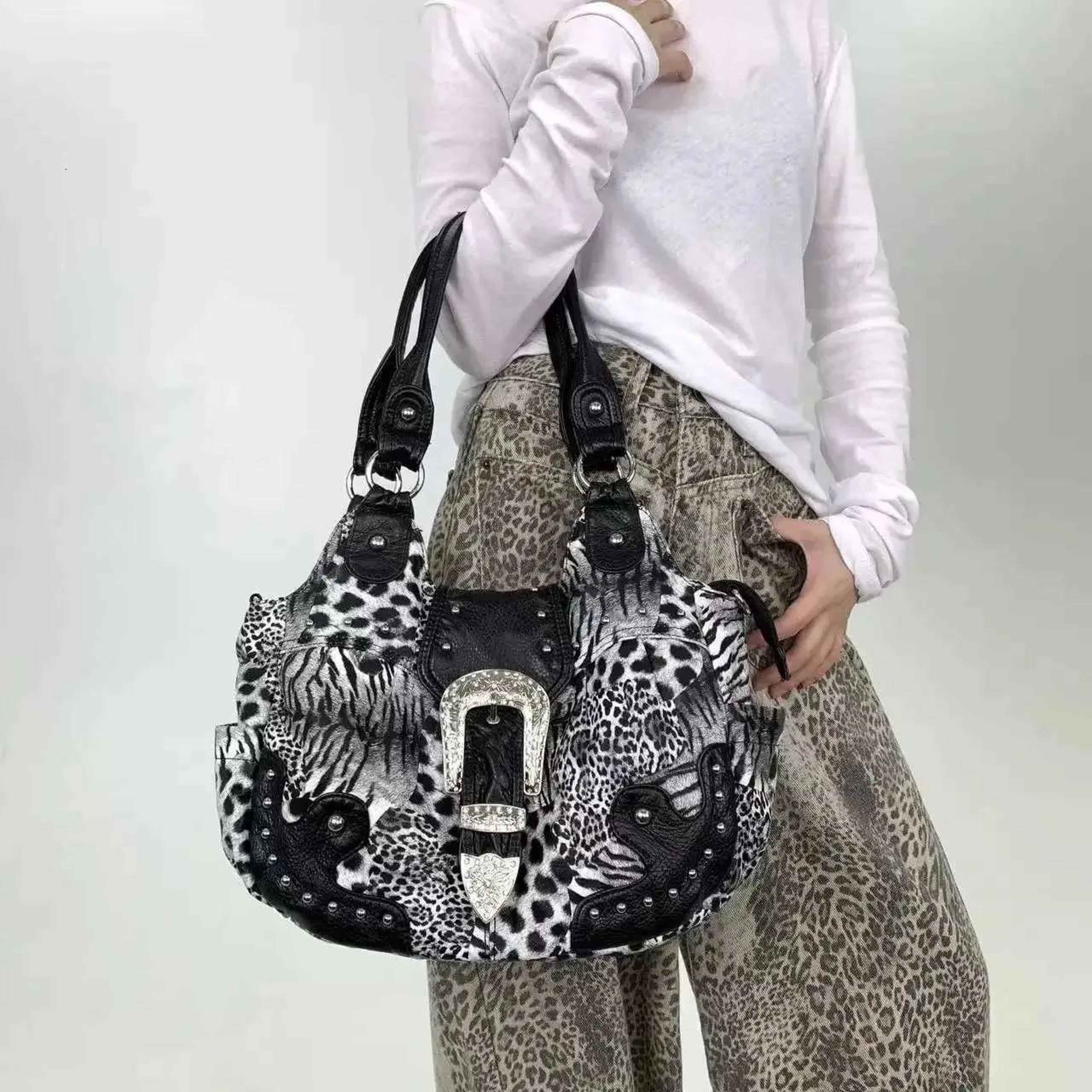 Leopard Print Patchwork Tote Bag With Multiple Pockets And Rivet Details 0