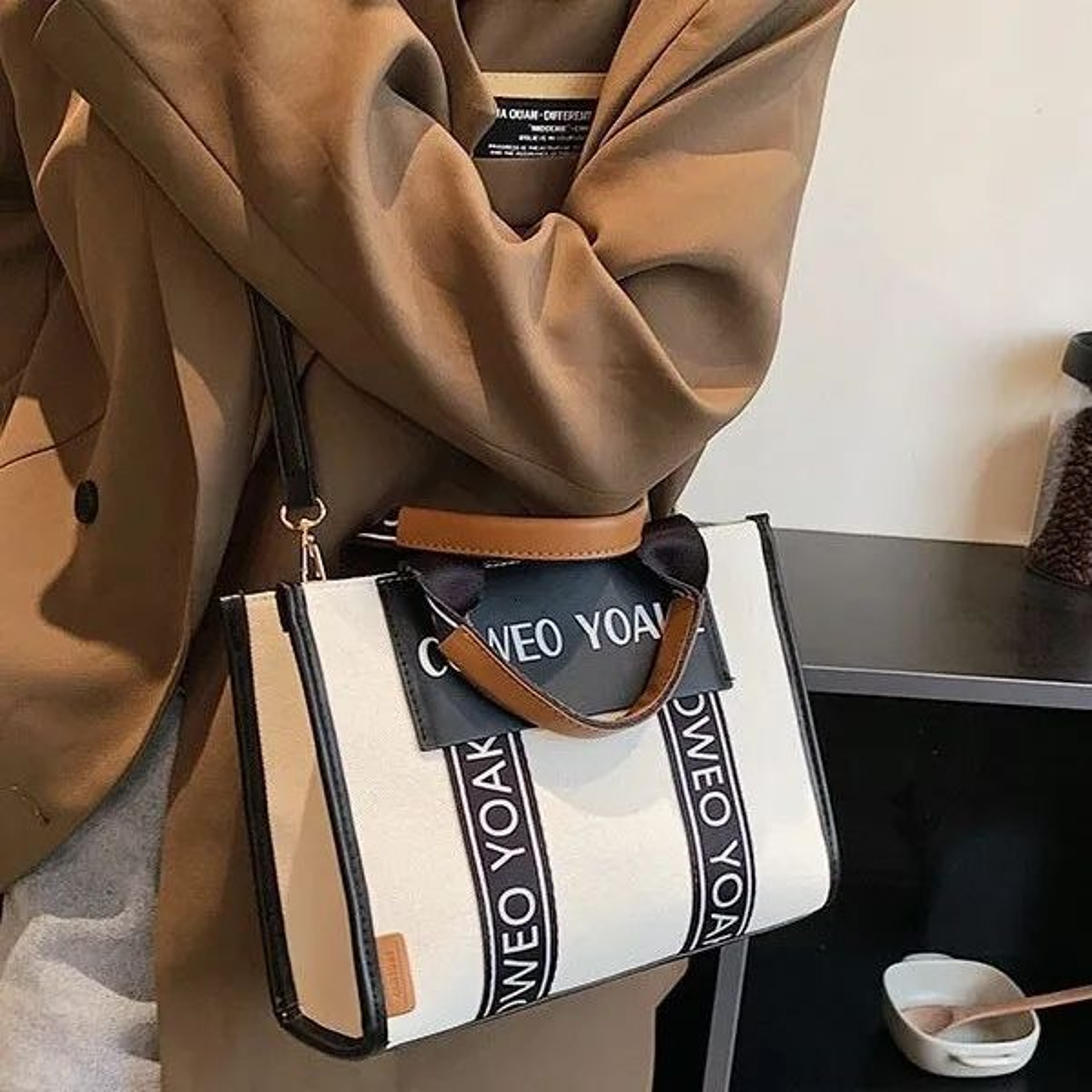 Women Denim Tote Handbag With Textured Fabric And Letter Detail 3