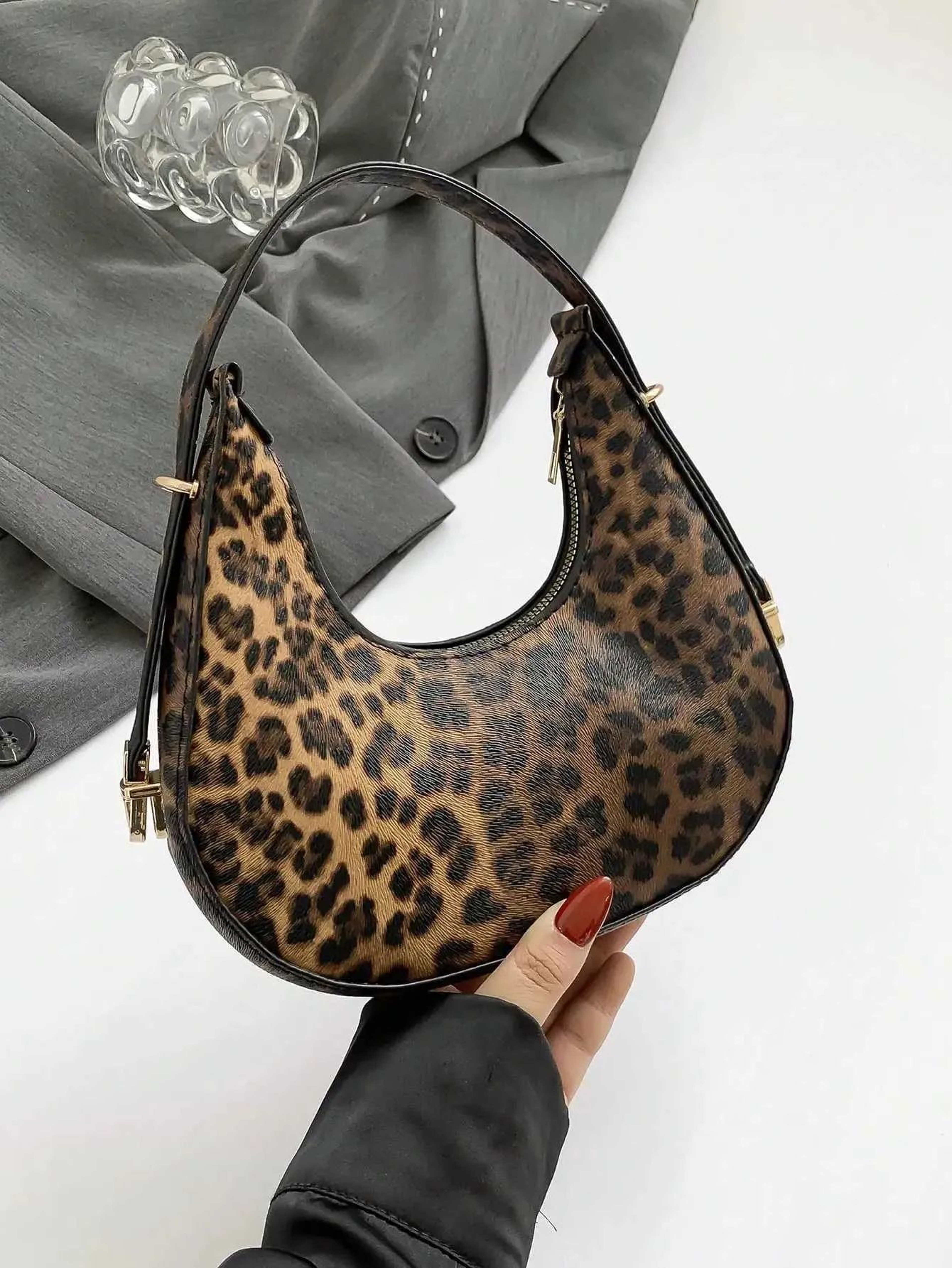 Leopard Print Crescent Shoulder Handbag For Women 2