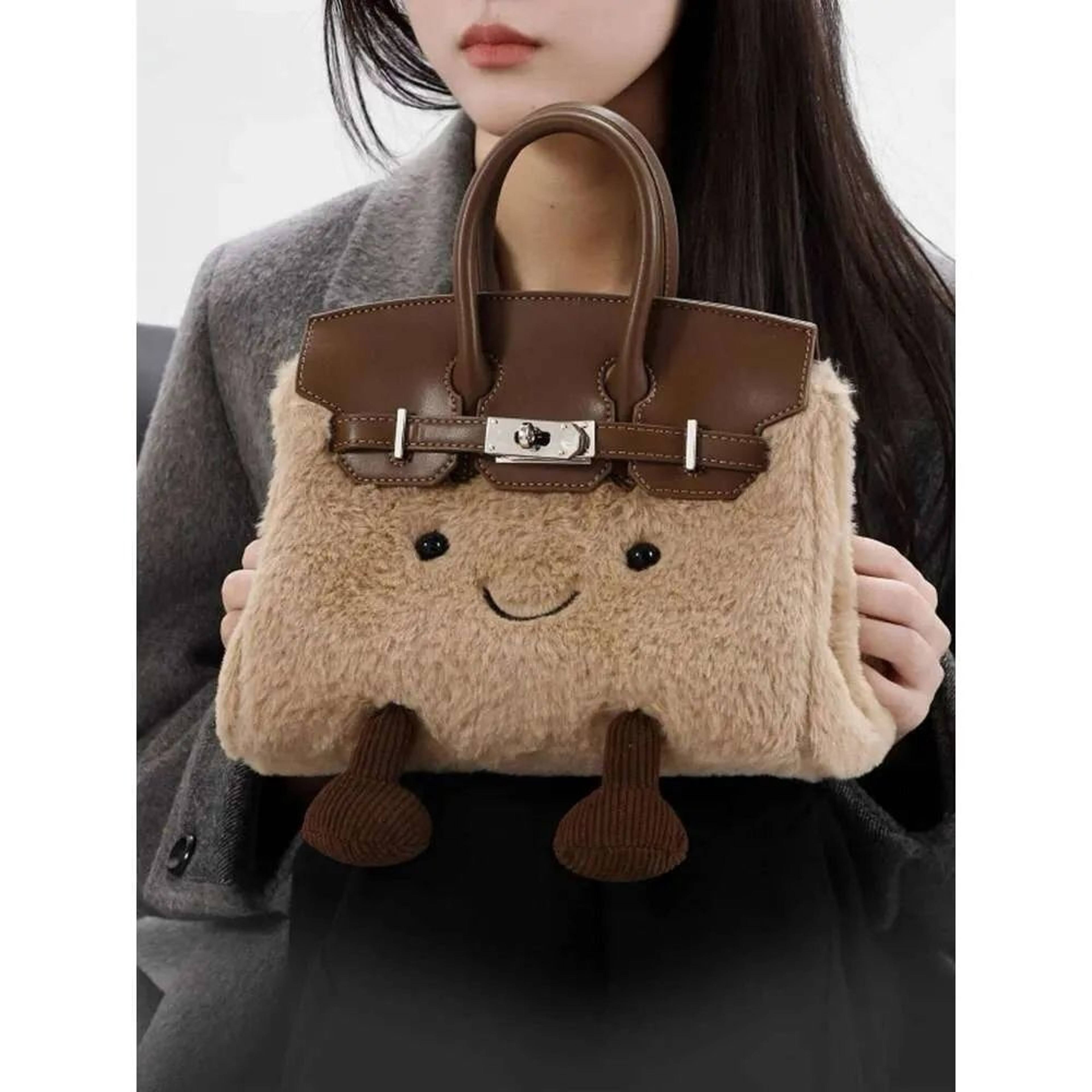 Cute Cartoon Face Plush Mini Handbag With Faux Fur Exterior And Top Handles 1