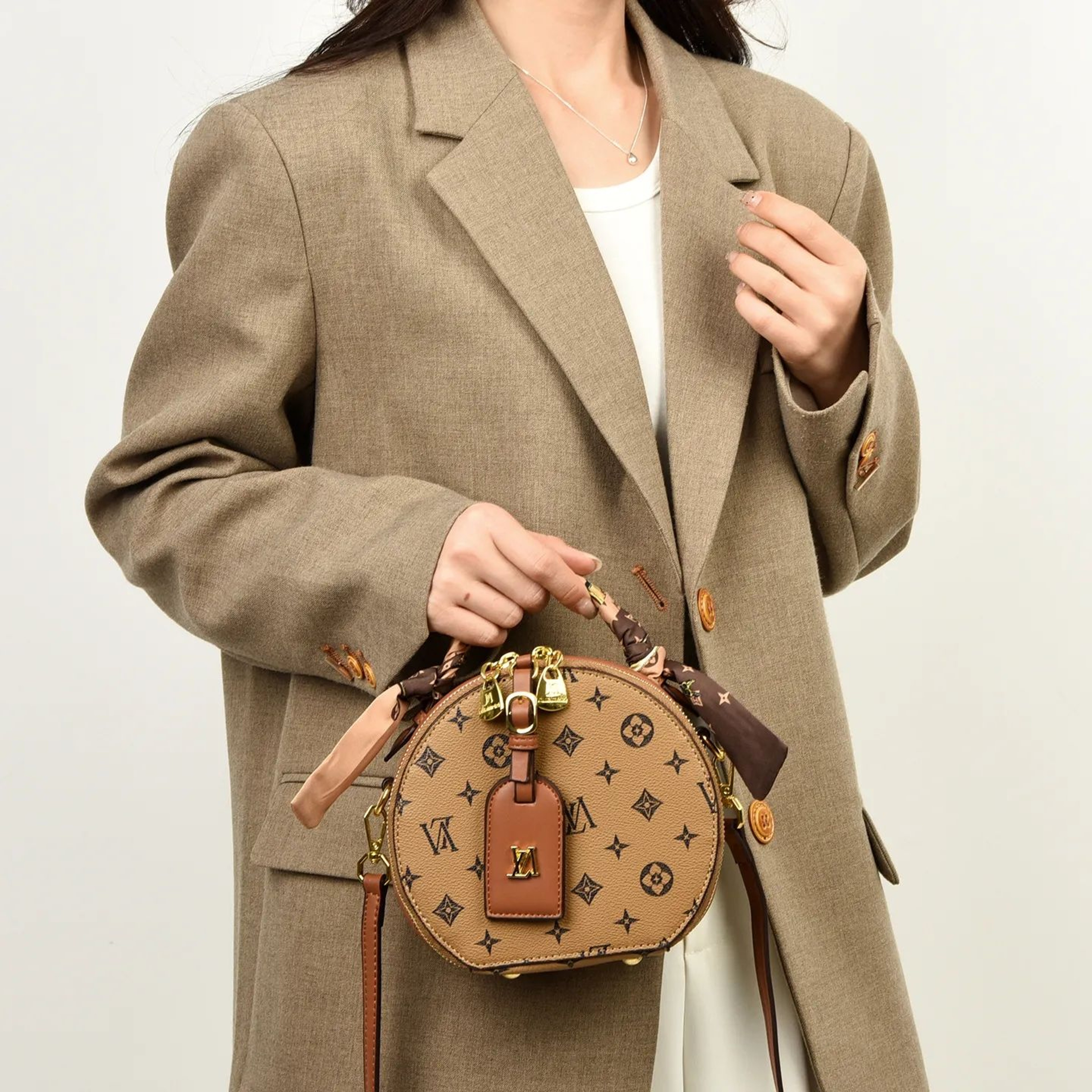 Retro Round Crossbody Bag For Women Brown And Yellow Messenger Purse 2