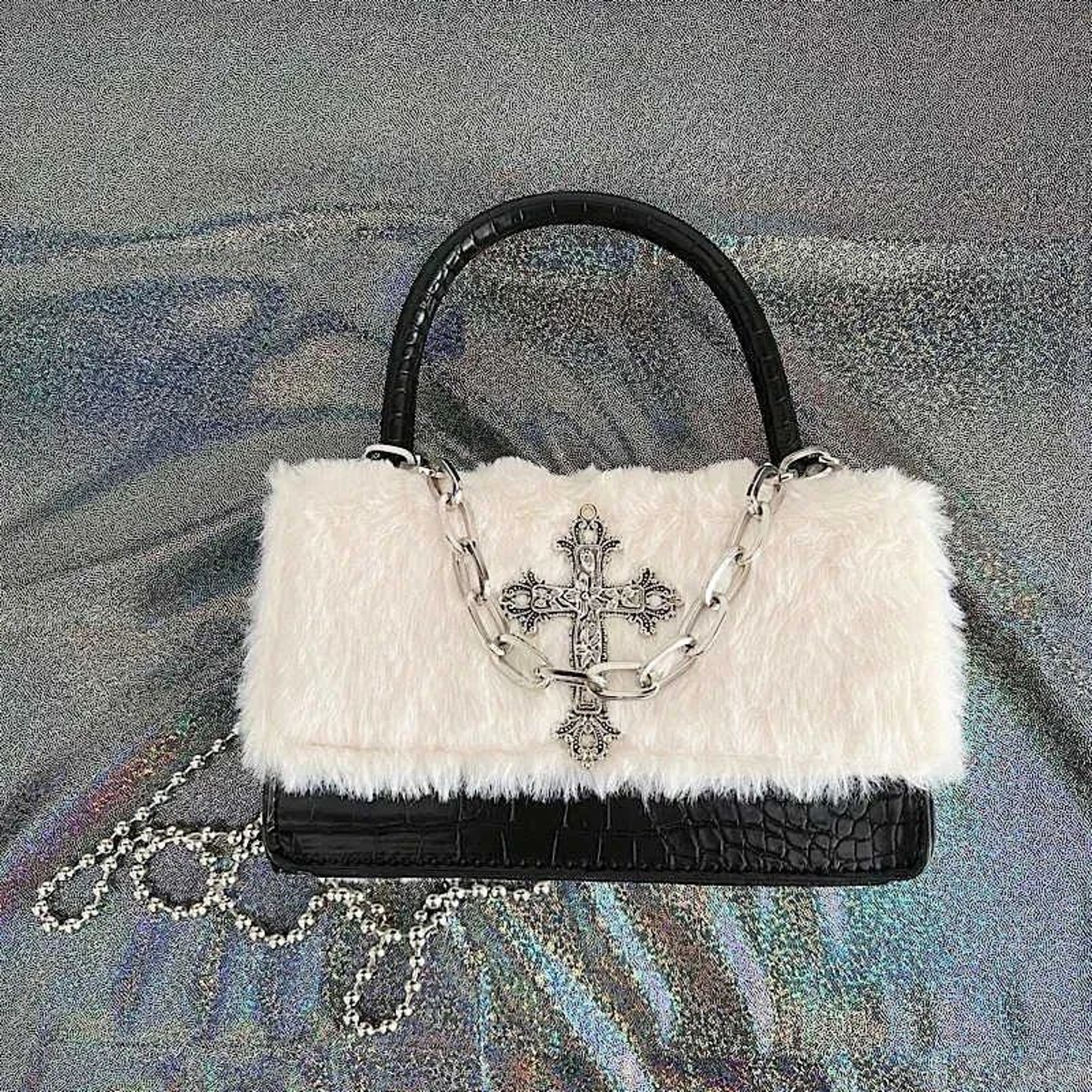 Gothic Crossbody Fur Handbag For Women With Metal Cross Applique And Chain Strap 0