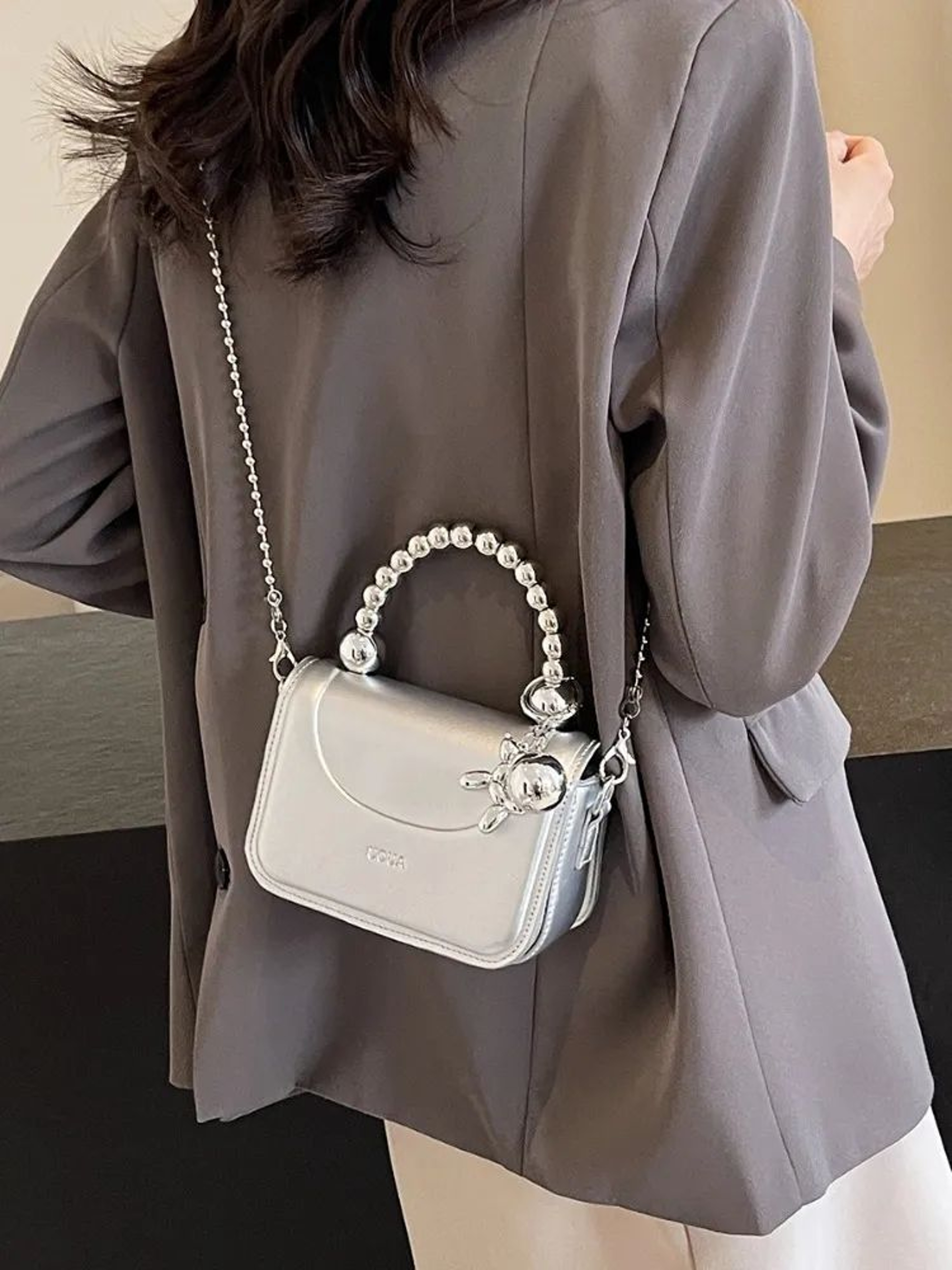 Women Beaded Shoulder Bag Solid Color Crossbody Handbag 1